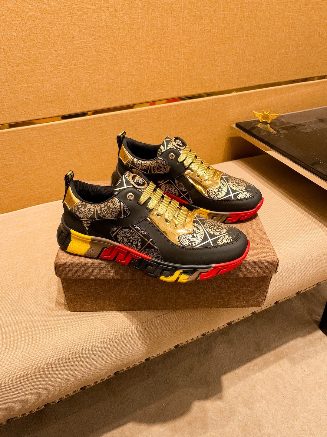 Versace Leather Low-Top Sneakers Black/Gold/Red