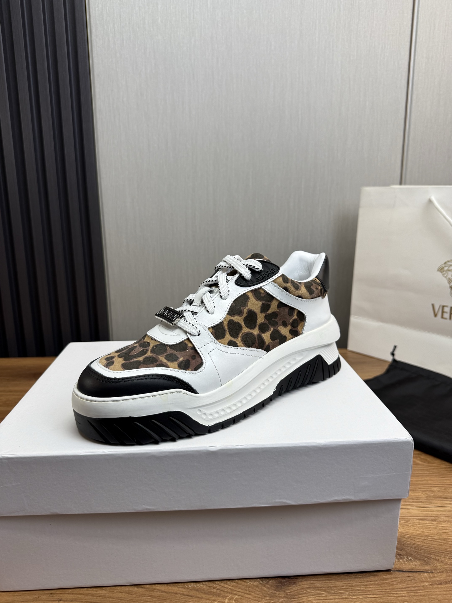 Versace Leather Casual Sneakers Leopard Brown