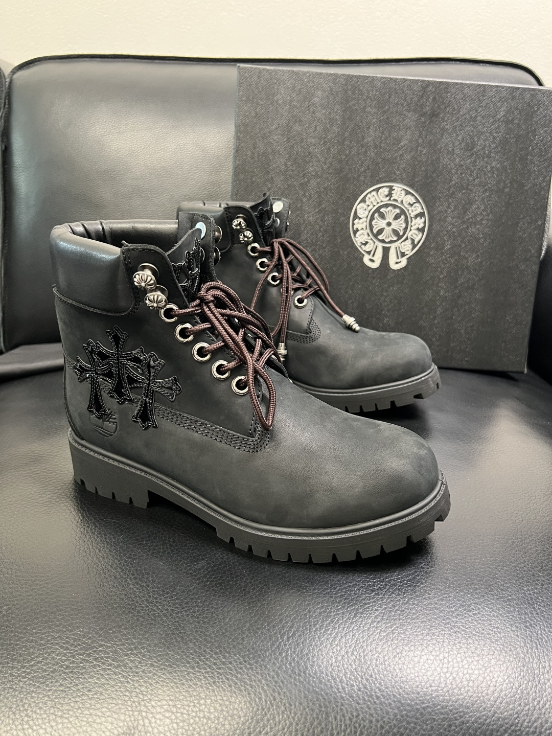 Chrome Heart Cross Patch Leather Boots Black