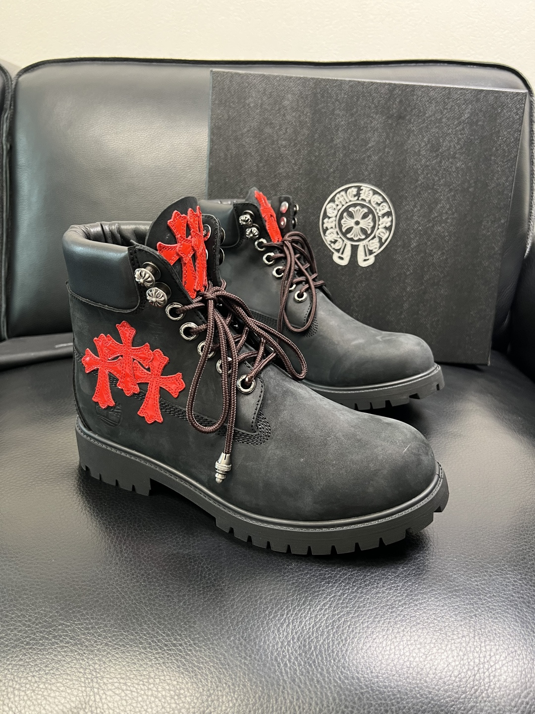 Chrome Heart Cross Patch Leather Boots Black/Red