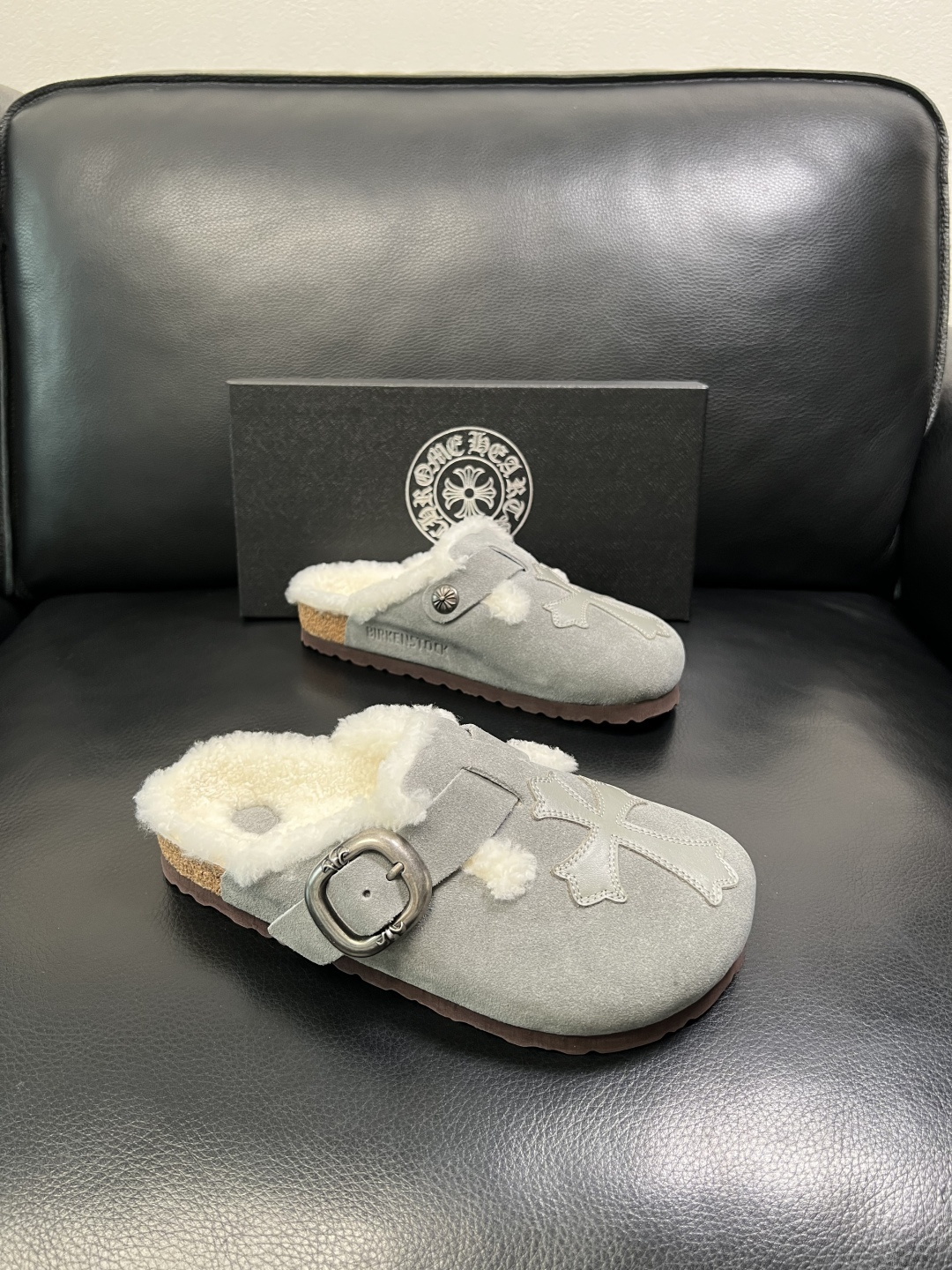 Chrome Heart Shearling-Lined Suede Clogs Gray