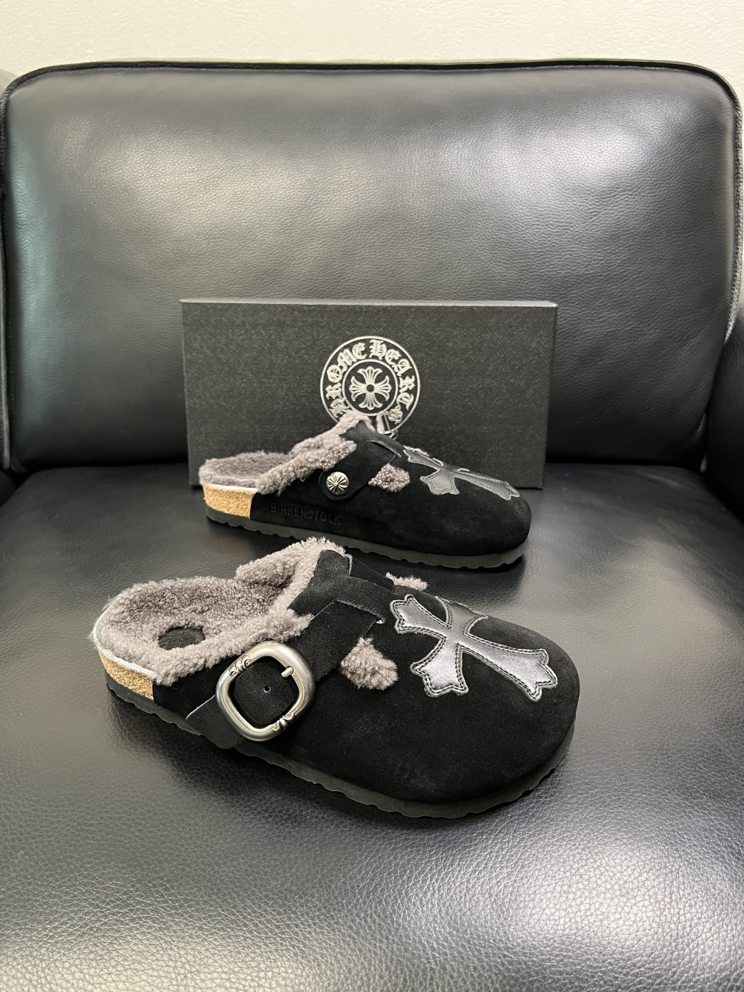 Chrome Heart Shearling Lined Suede Clogs Black