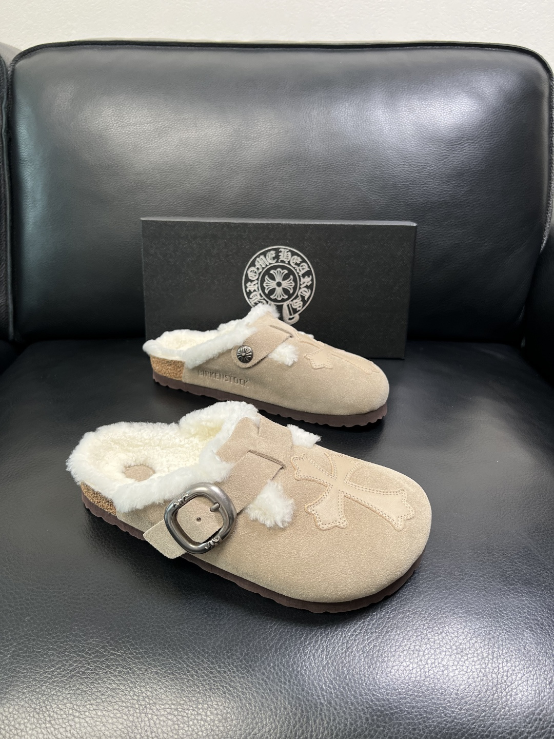 Chrome Heart Shearling Suede Clogs Beige