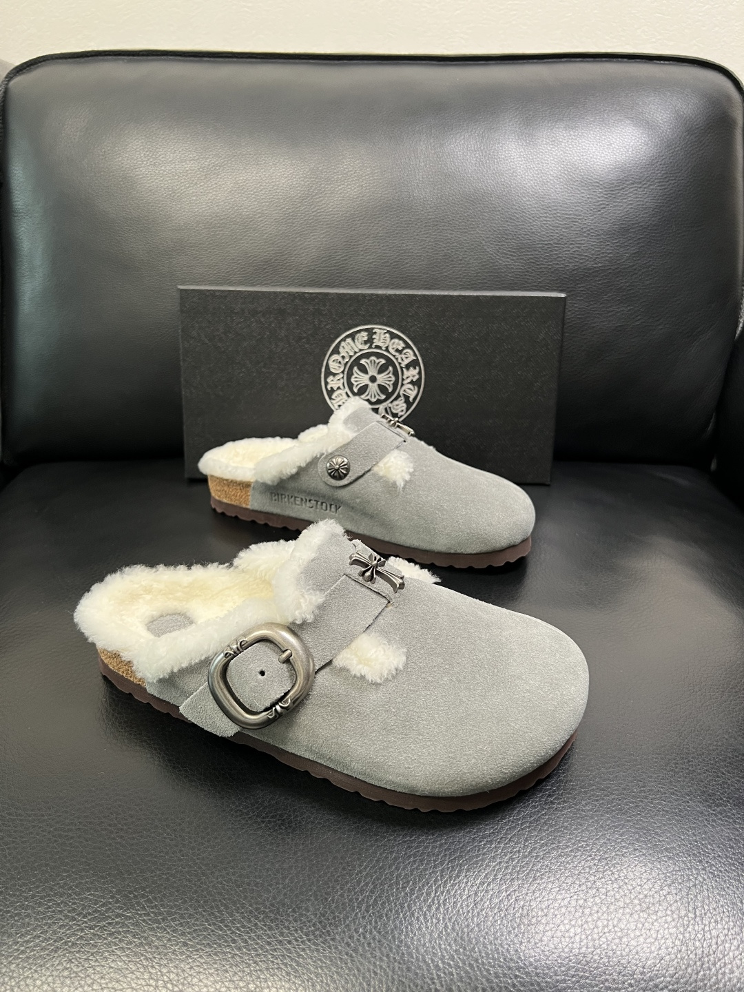 Chrome Heart Shearling Clogs Gray