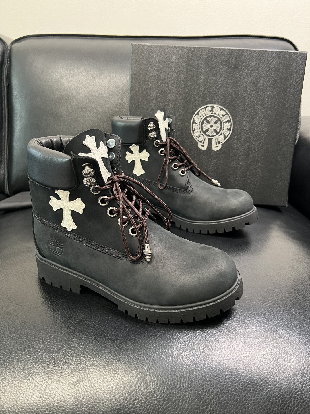 Chrome Heart Cross Leather Ankle Boots Black