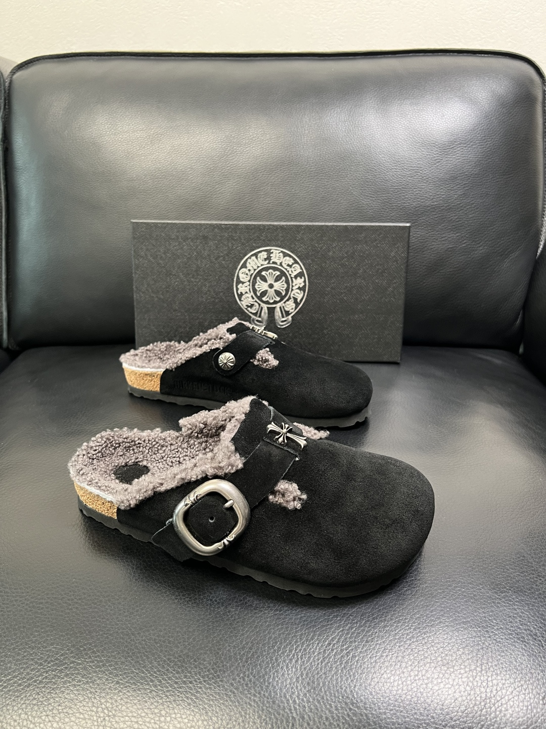 Chrome Heart Shearling Clogs Black
