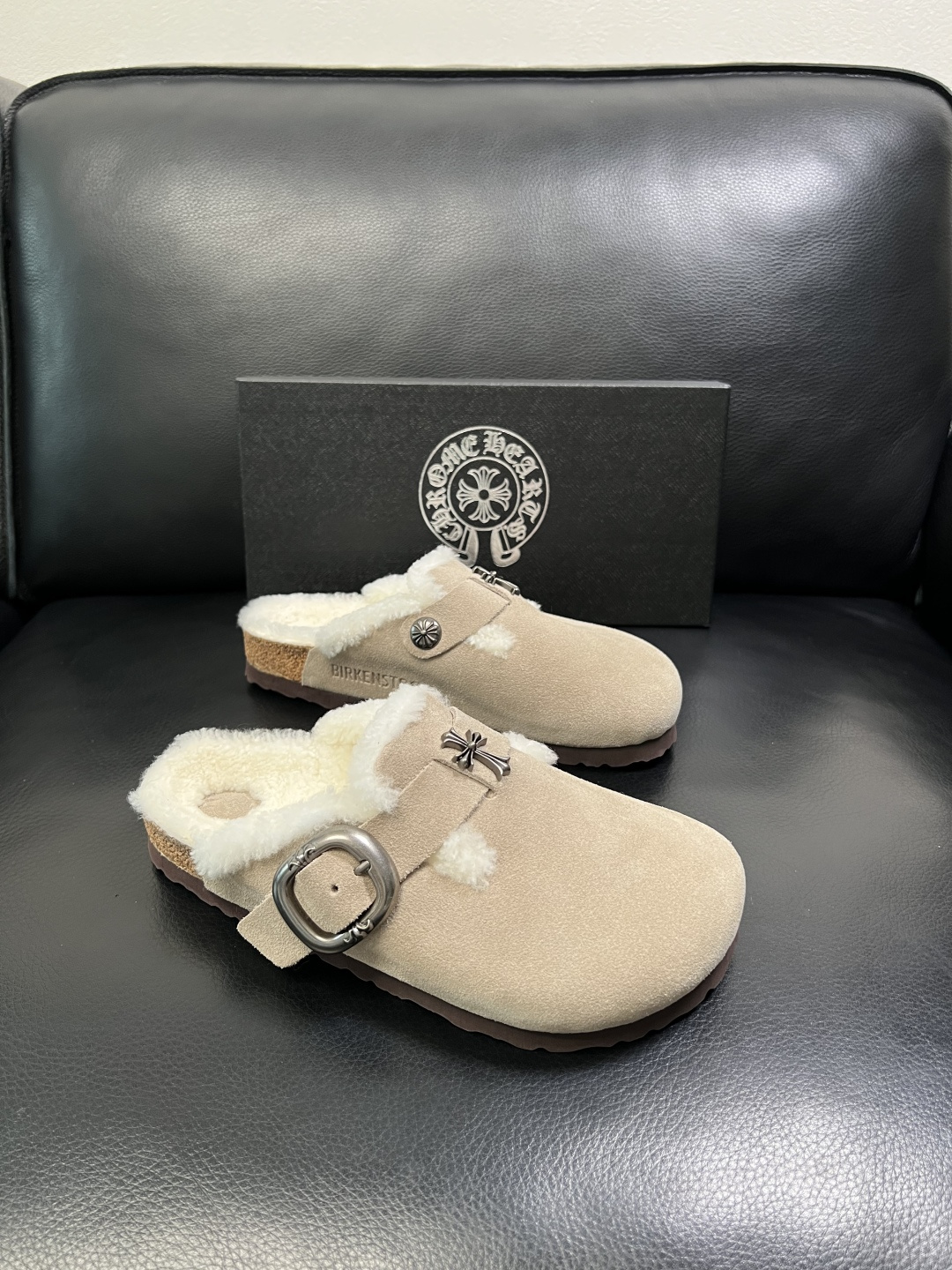 Chrome Heart Shearling-Lined Suede Clogs Beige