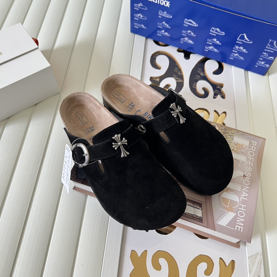 Birkenstock Suede Cross Buckle Clogs Black