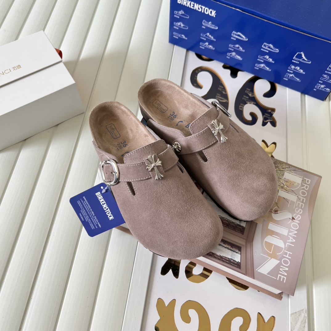 Birkenstock Suede Cross Buckle Clogs Taupe