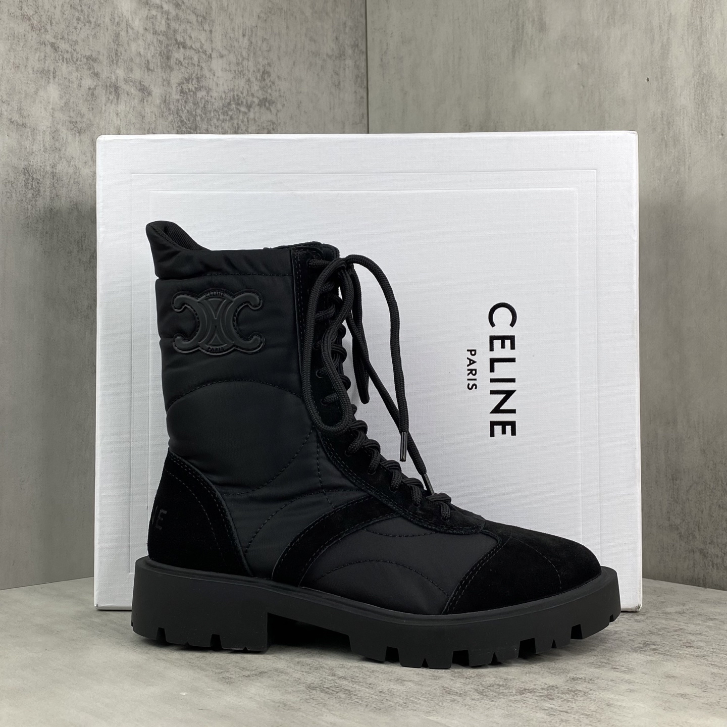 Celine Triomphe Lace-Up Boots Black