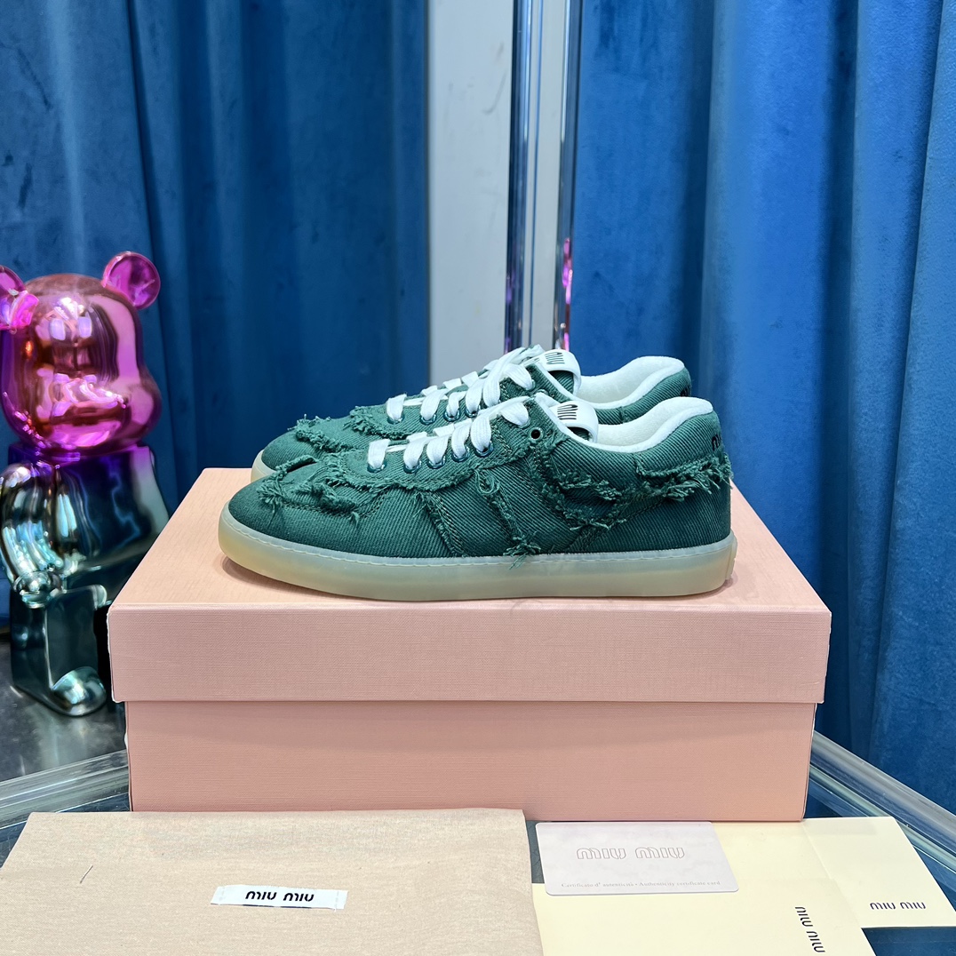 Miu Miu Frayed Canvas Sneakers Green
