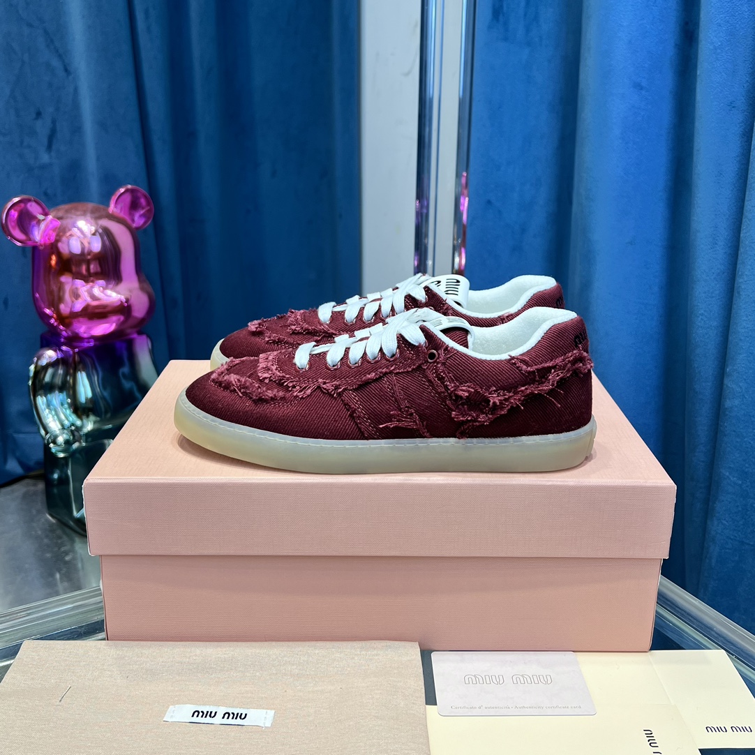 Miu Miu Frayed Canvas Sneaker Burgundy