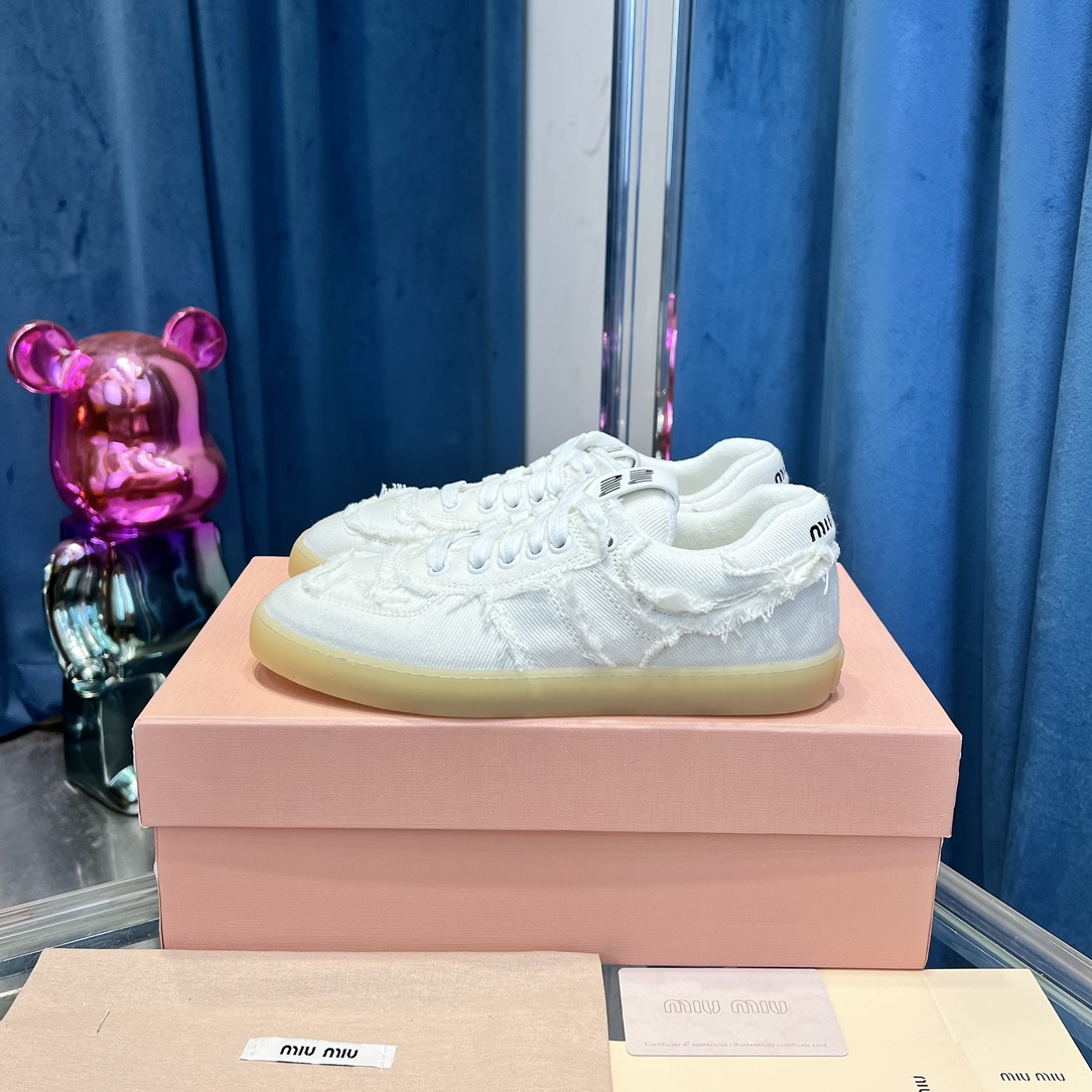 Miu Miu Frayed Canvas Sneakers White