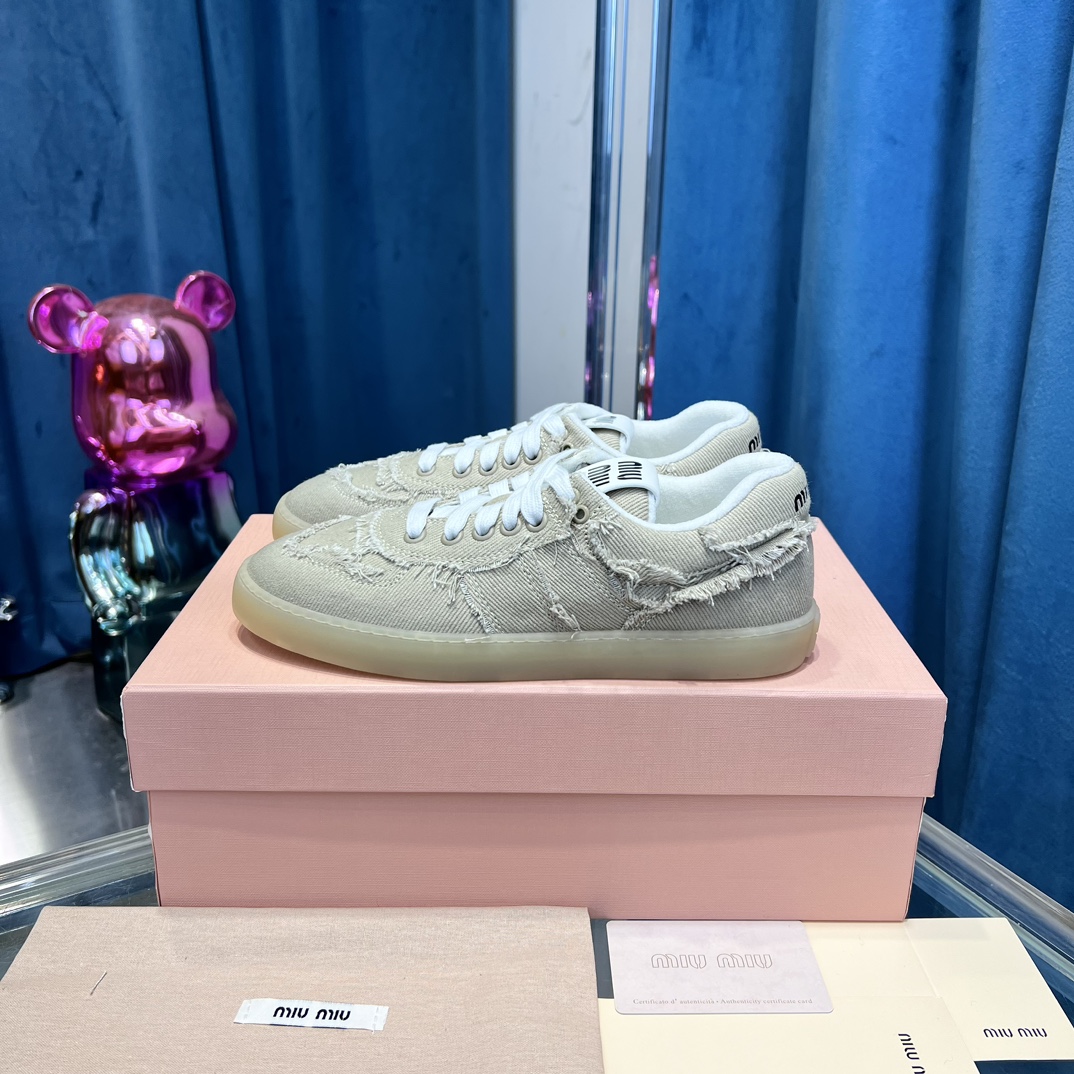 Miu Miu Distressed Fringe Canvas Sneakers Beige