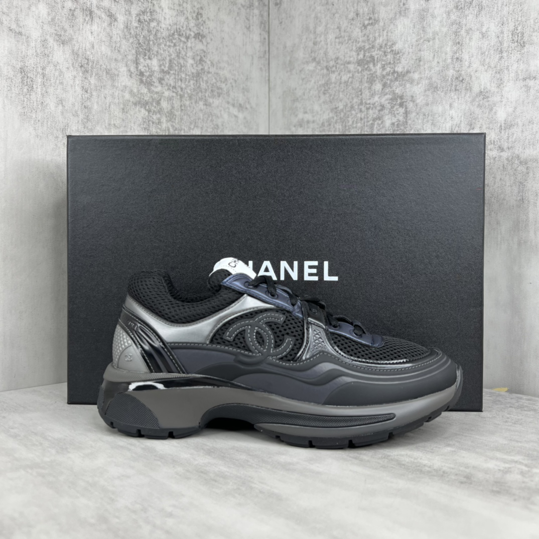 Chanel Mesh Leather Sneakers Black