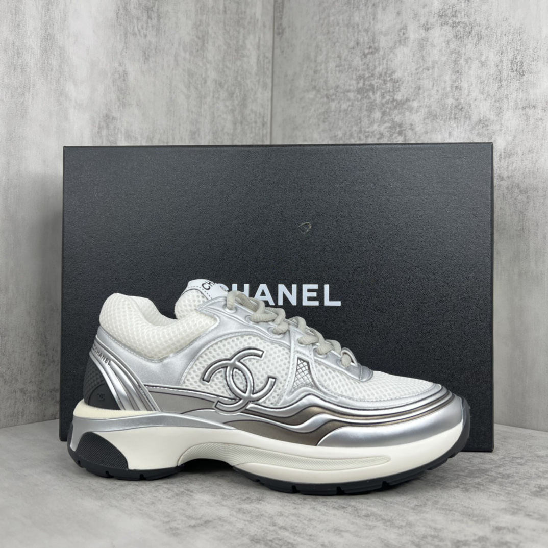 Chanel Mesh Leather Sneakers Silver