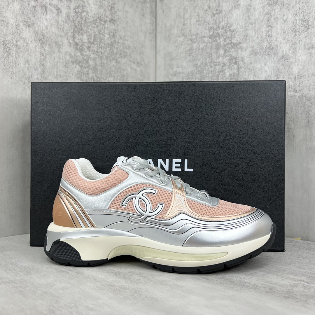 Chanel Mesh Leather Sneakers Silver Pink