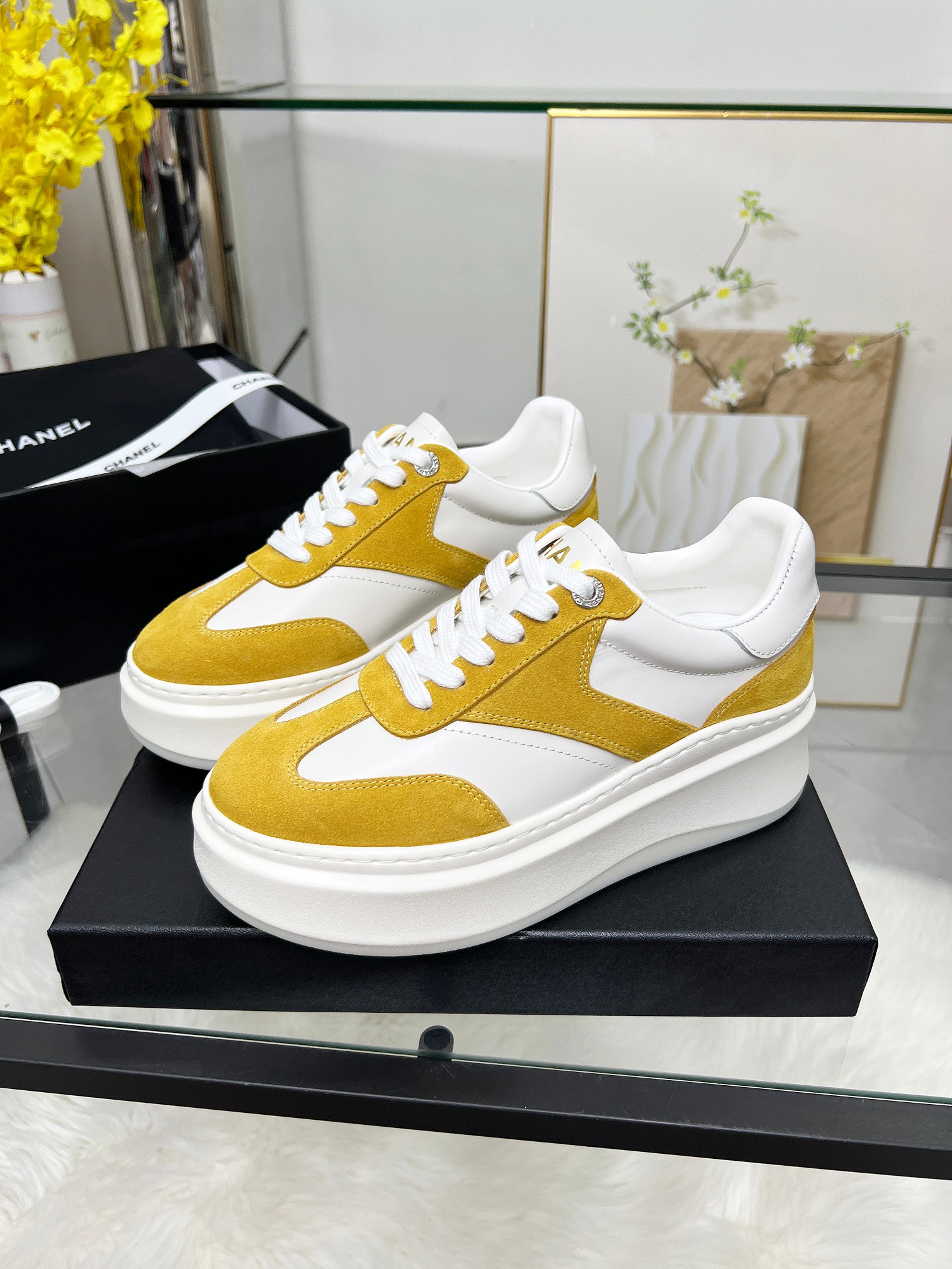 Chanel 25C Platform Sneakers White/Yellow