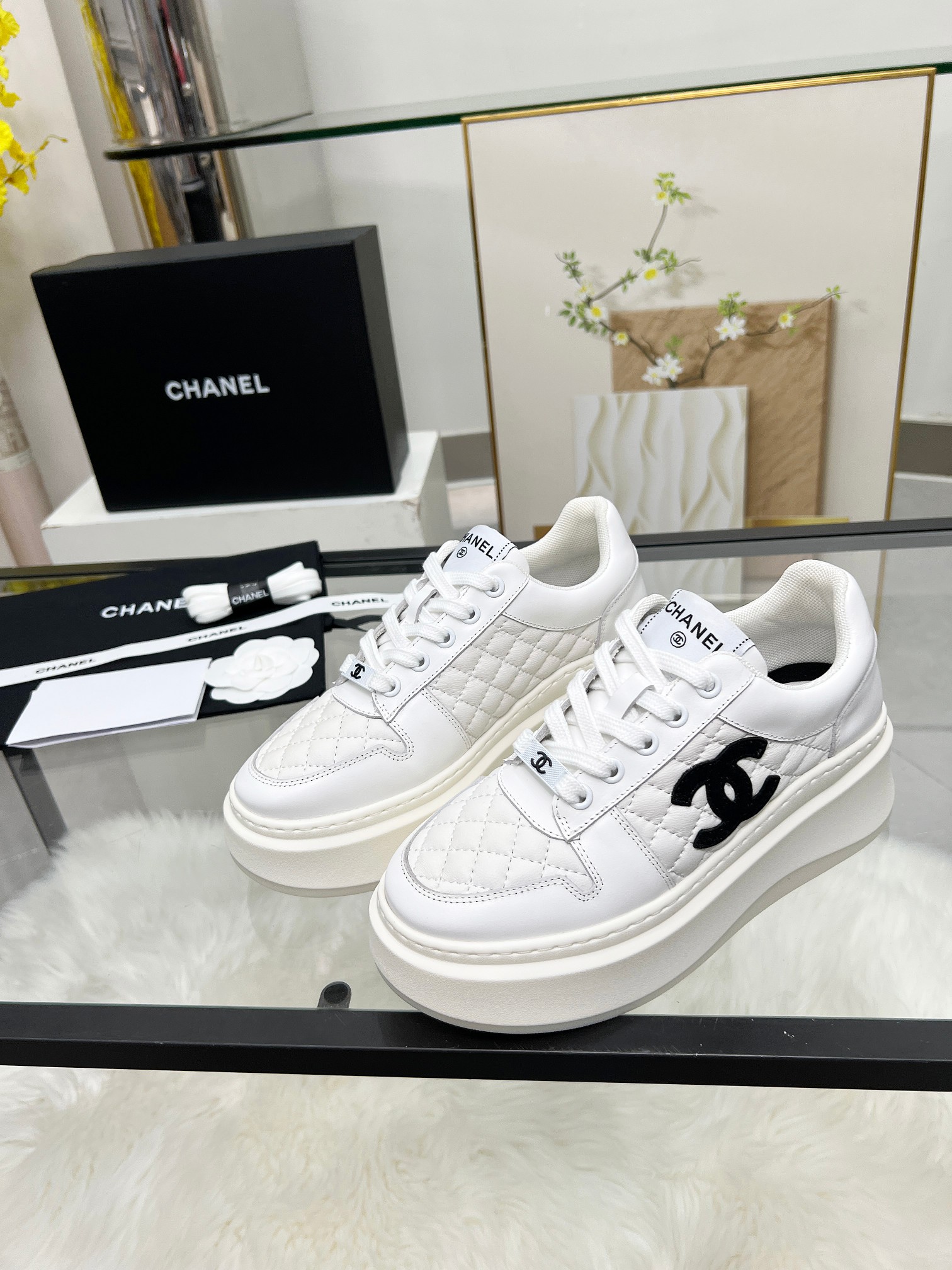 Chanel 25C Quilted Platform Sneakers White/Black