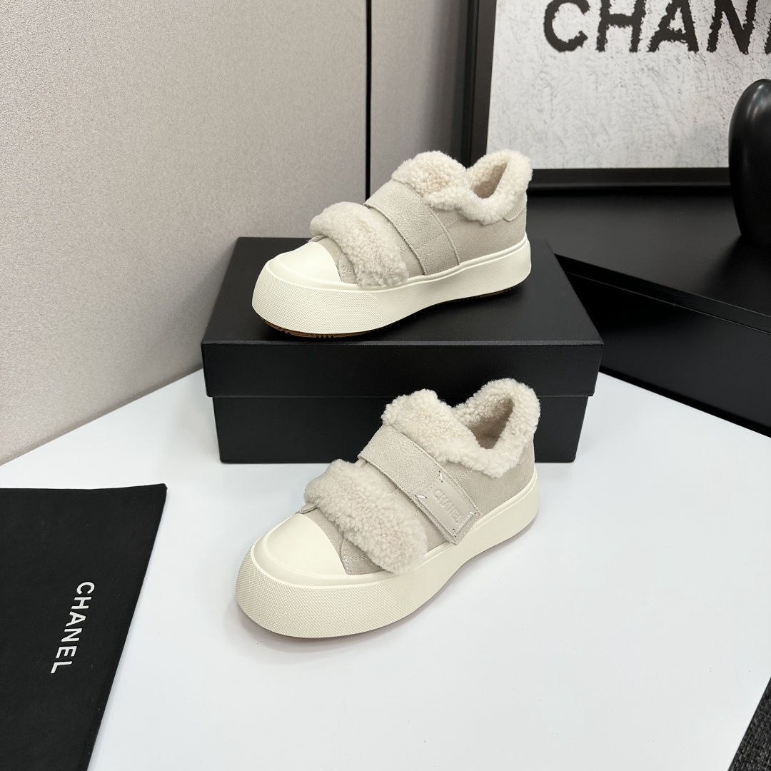 Chanel Shearling Strap Sneakers Beige