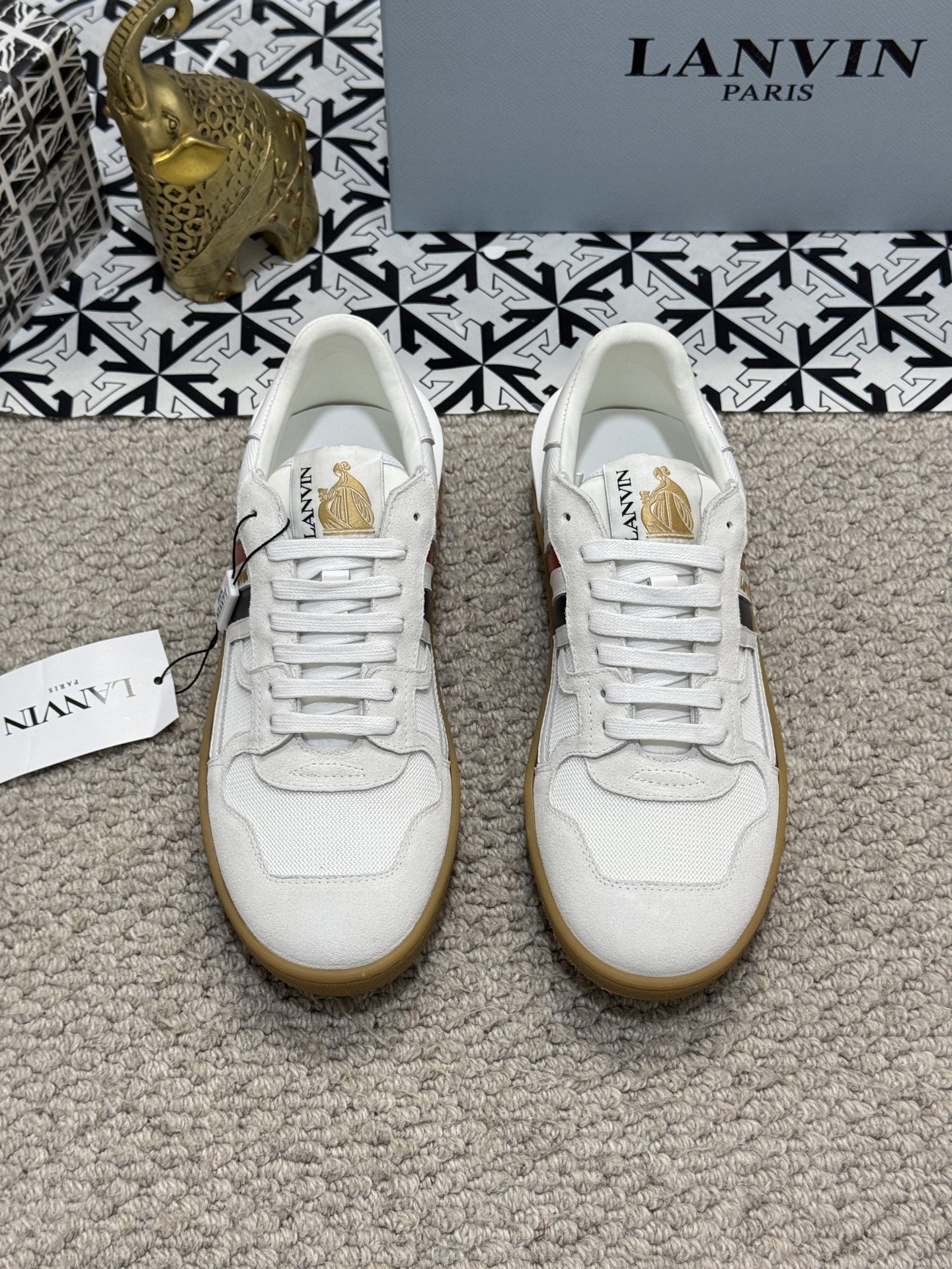 Lanvin Suede Mesh Low-Top Sneakers White/Red/Navy
