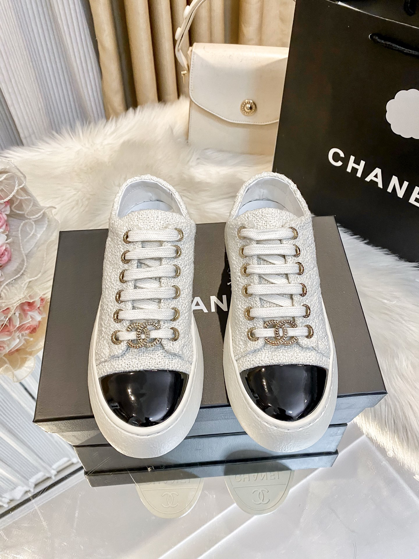 Chanel Tweed Platform Sneakers Black