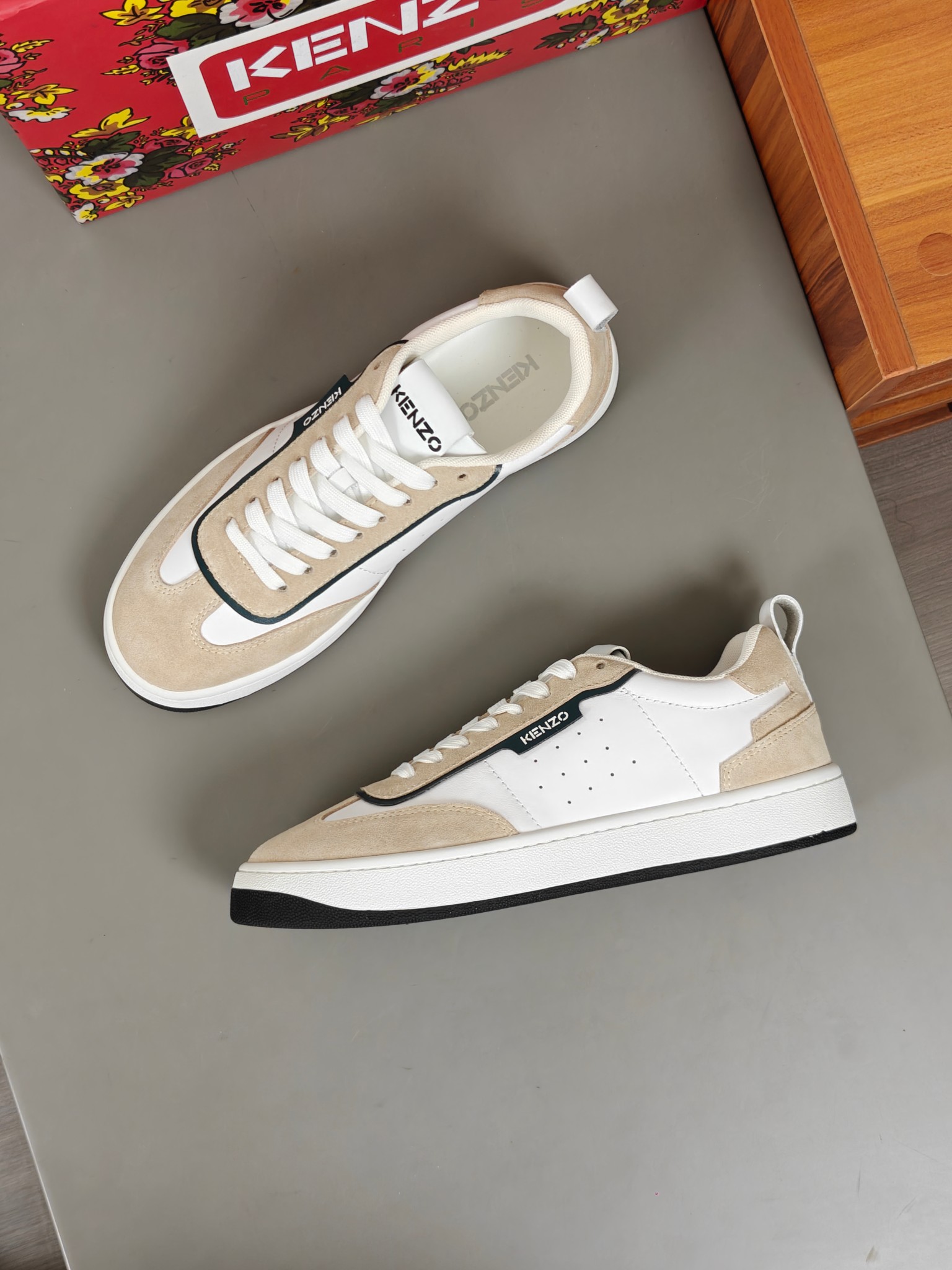 KENZO Calf Leather Low-Top Sneakers Beige