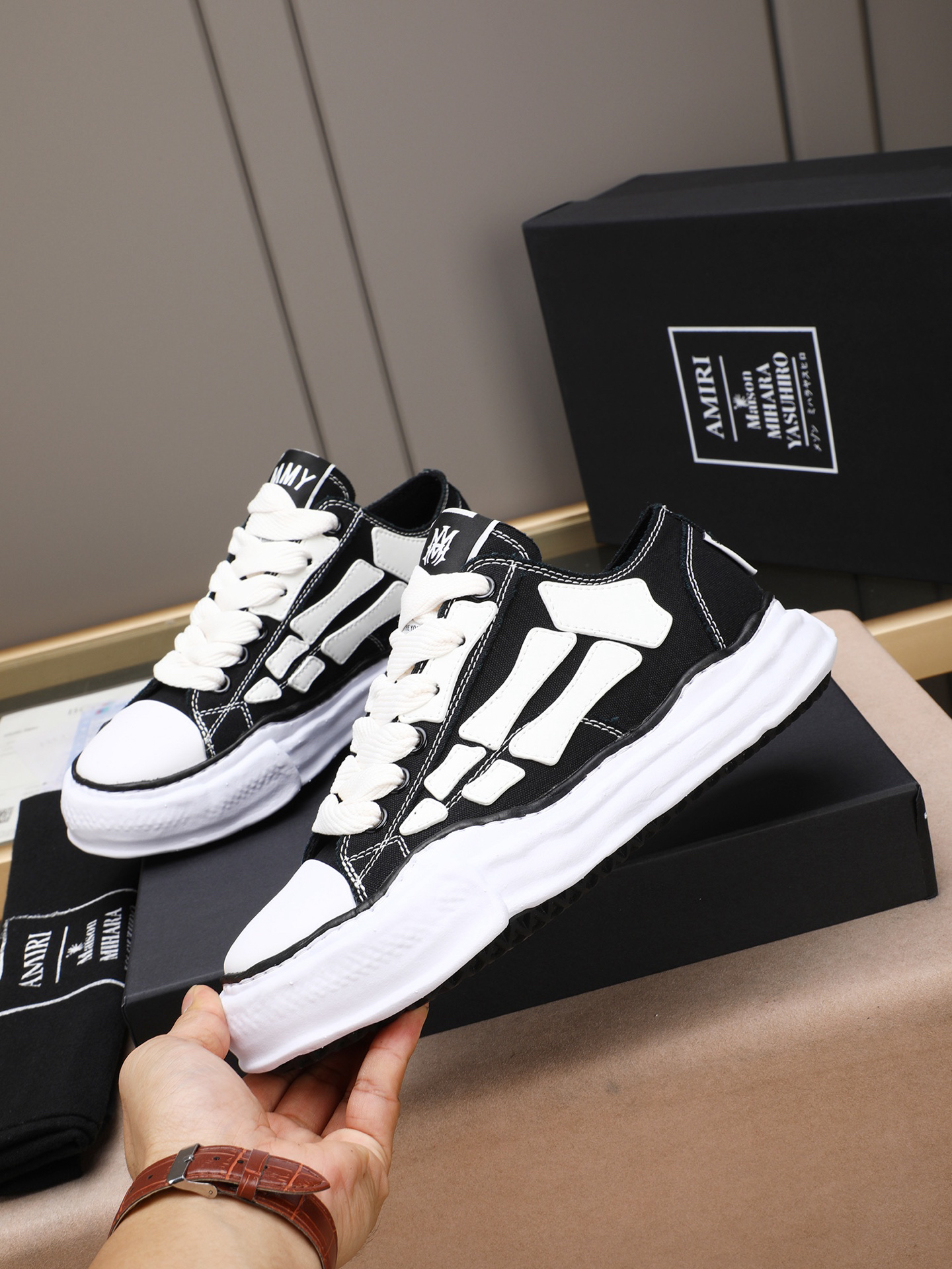Maison Mihara Yasuhiro Bones Low-Top Sneakers Black/White