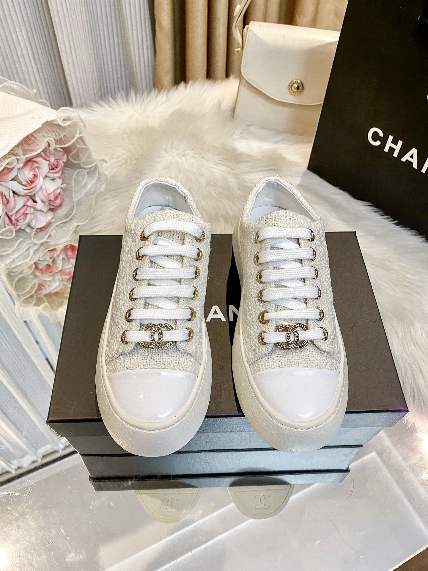 Chanel Tweed Platform Sneakers White