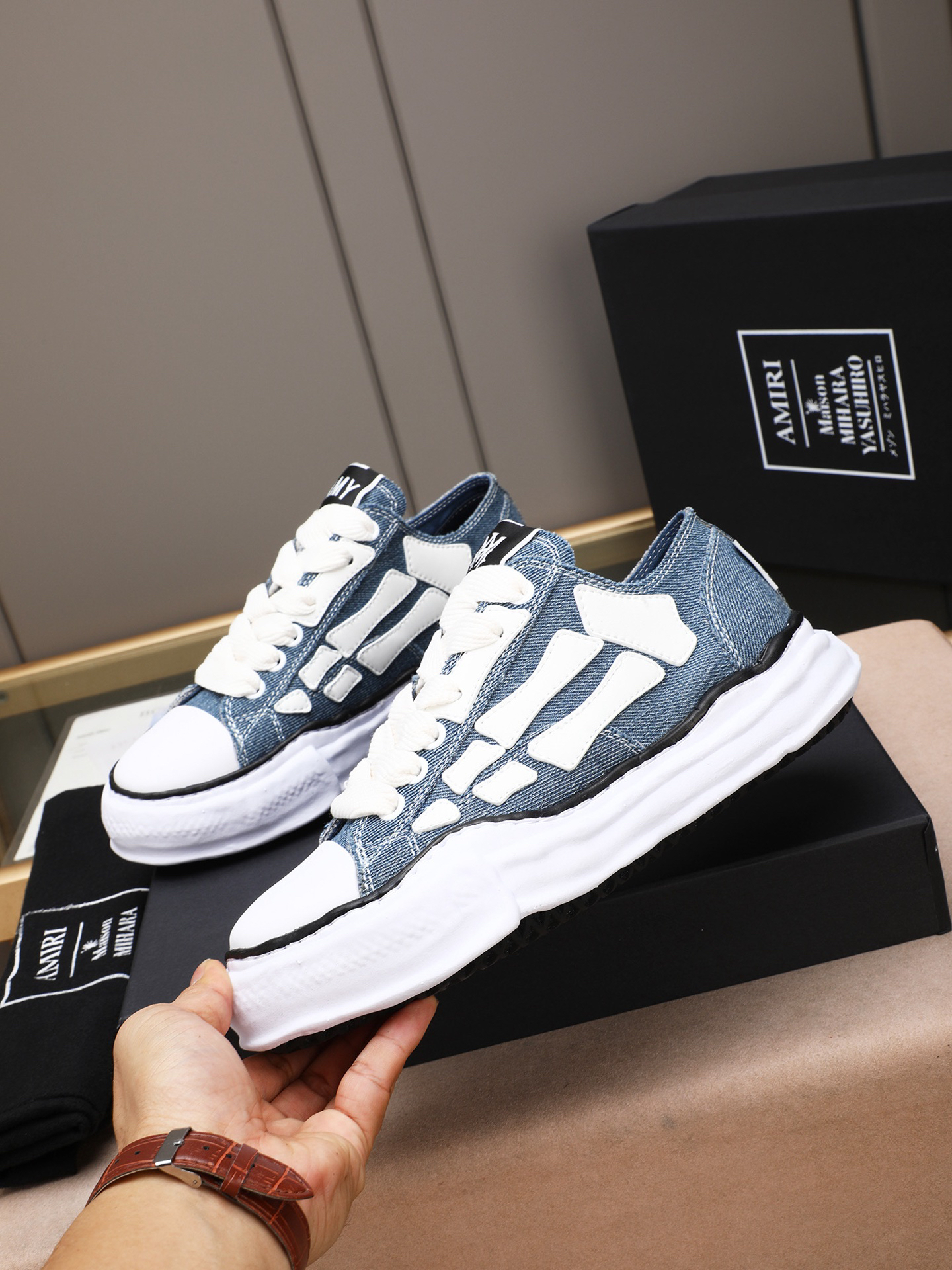 Maison Mihara Yasuhiro Bones Denim Sneakers Blue