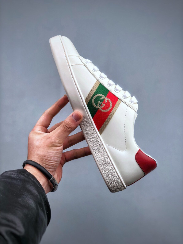Gucci Ace Stripe Leather Sneakers Beige