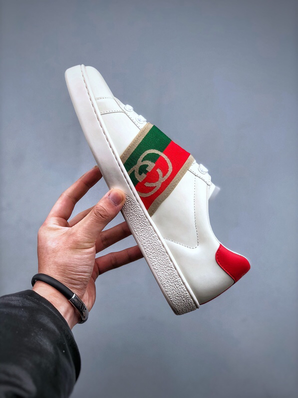 Gucci Ace Web Stripe Leather Sneakers Beige