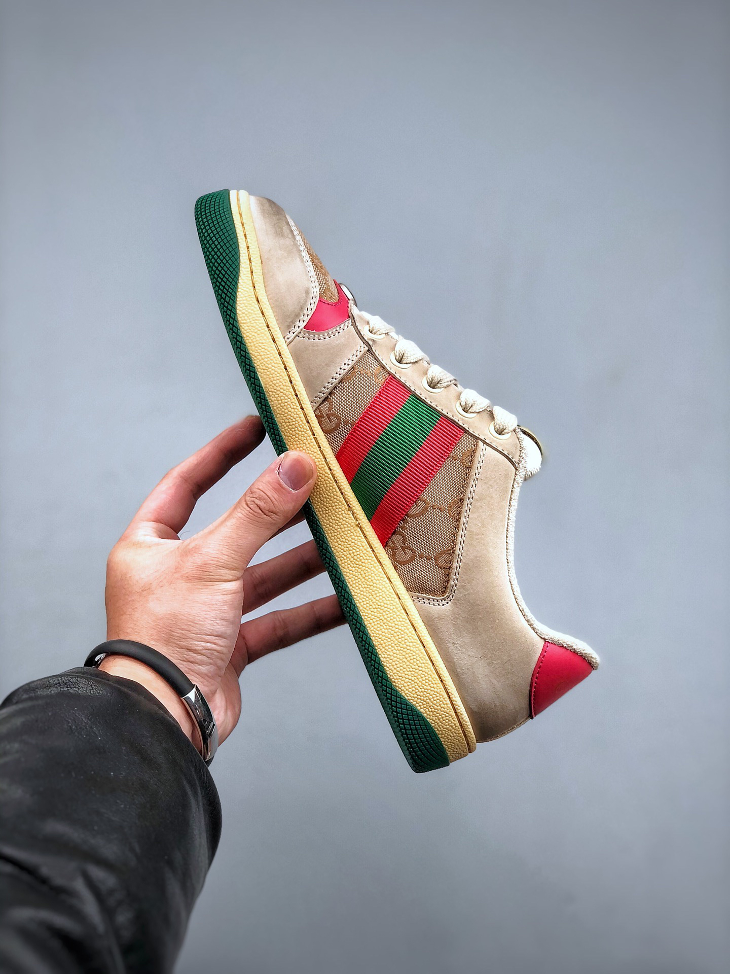 Gucci Distressed Screener Sneakers Beige