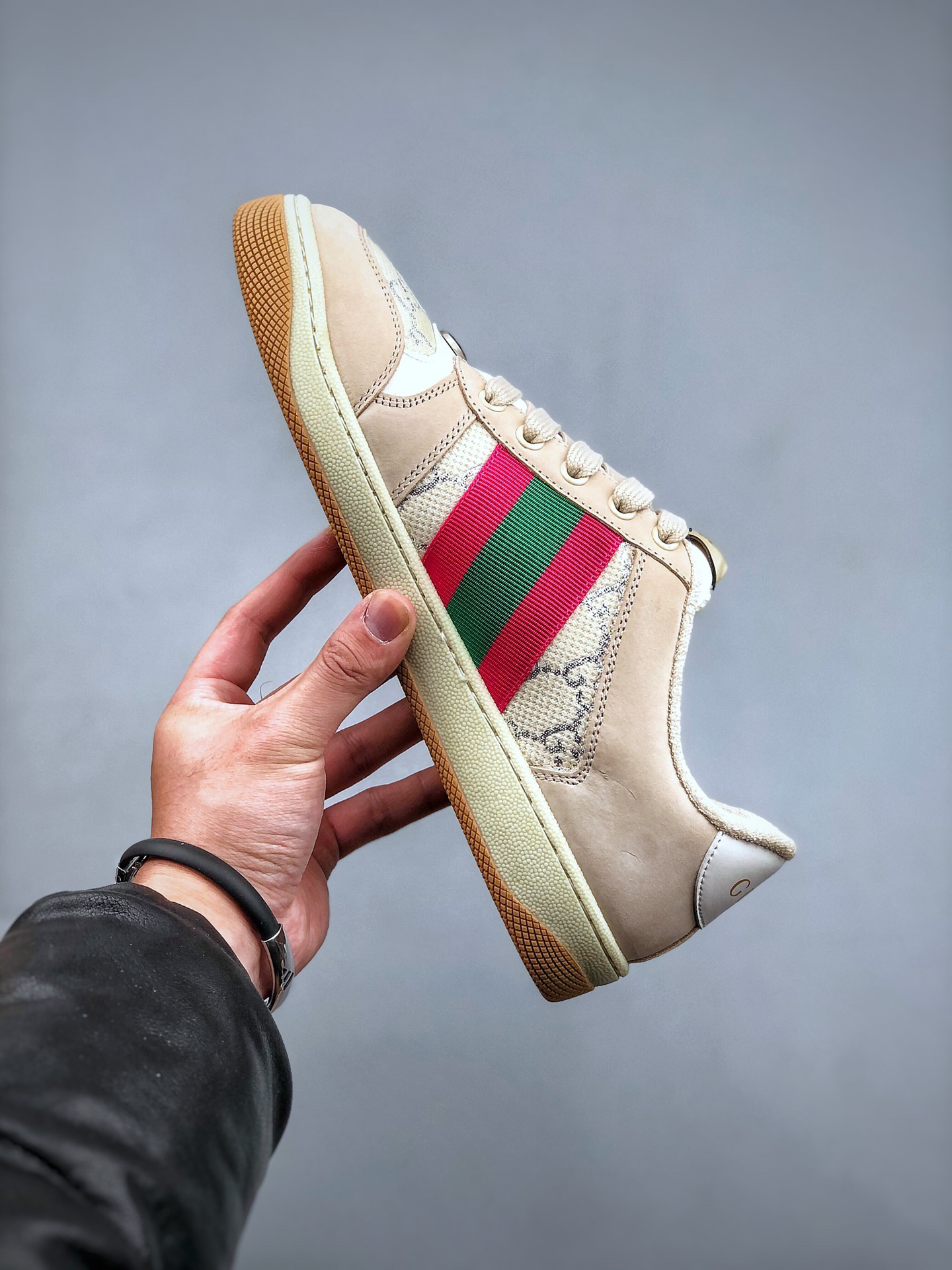 Gucci Distressed Screener Sneakers Beige
