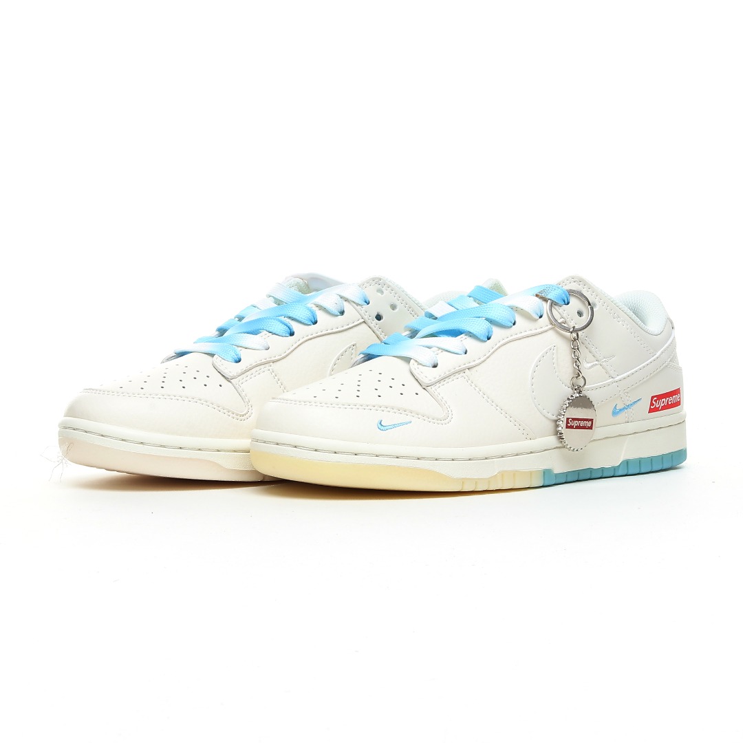 Nike SB Dunk Low Supreme Collab White Blue Sneakers, White/Blue