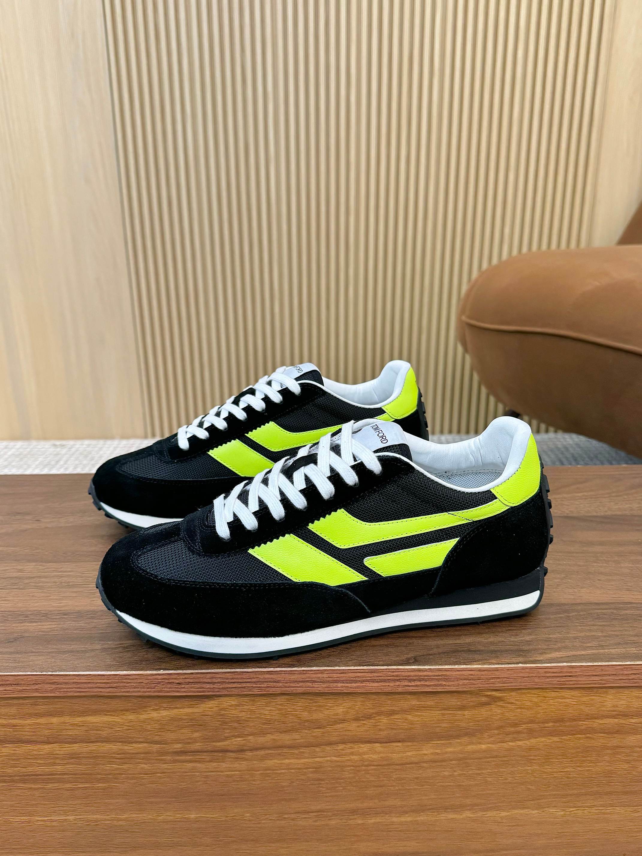 Tom Ford Mesh Suede Low-Top Sneakers Black/Neon Yellow