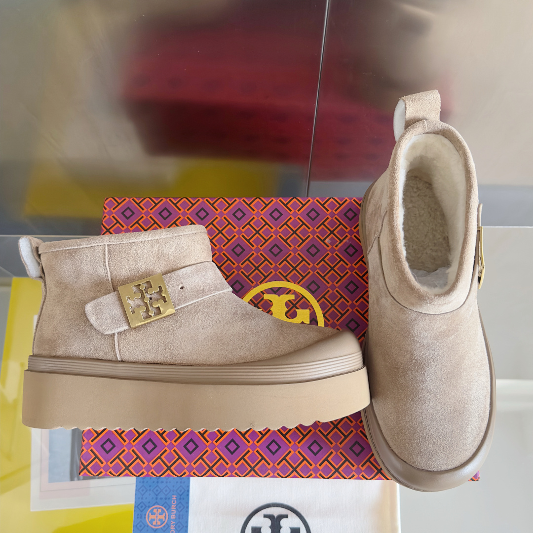 Tory Burch Mellow Shearling Platform Snow Boots Beige
