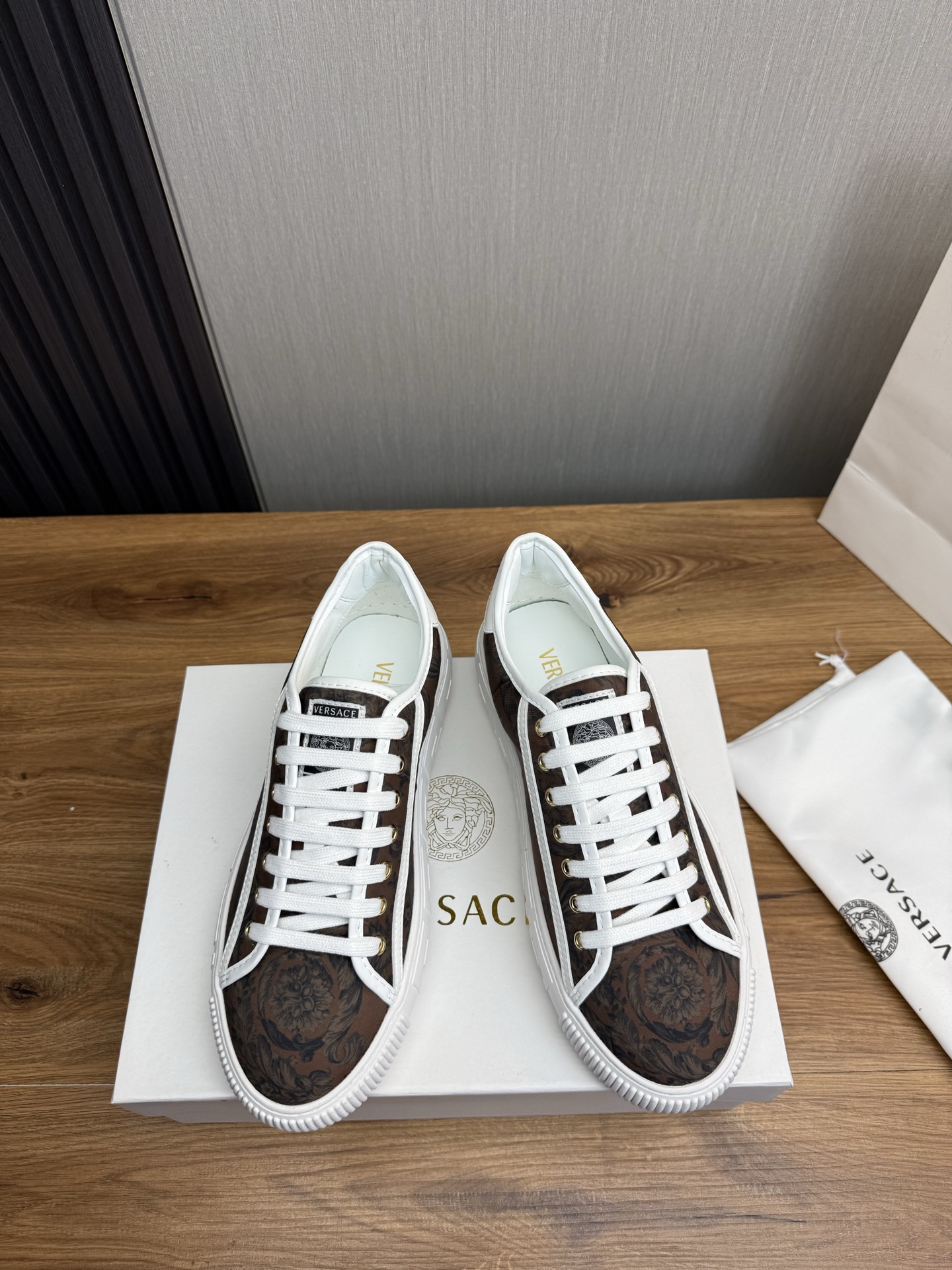 Versace Baroque Leather Sneakers Brown