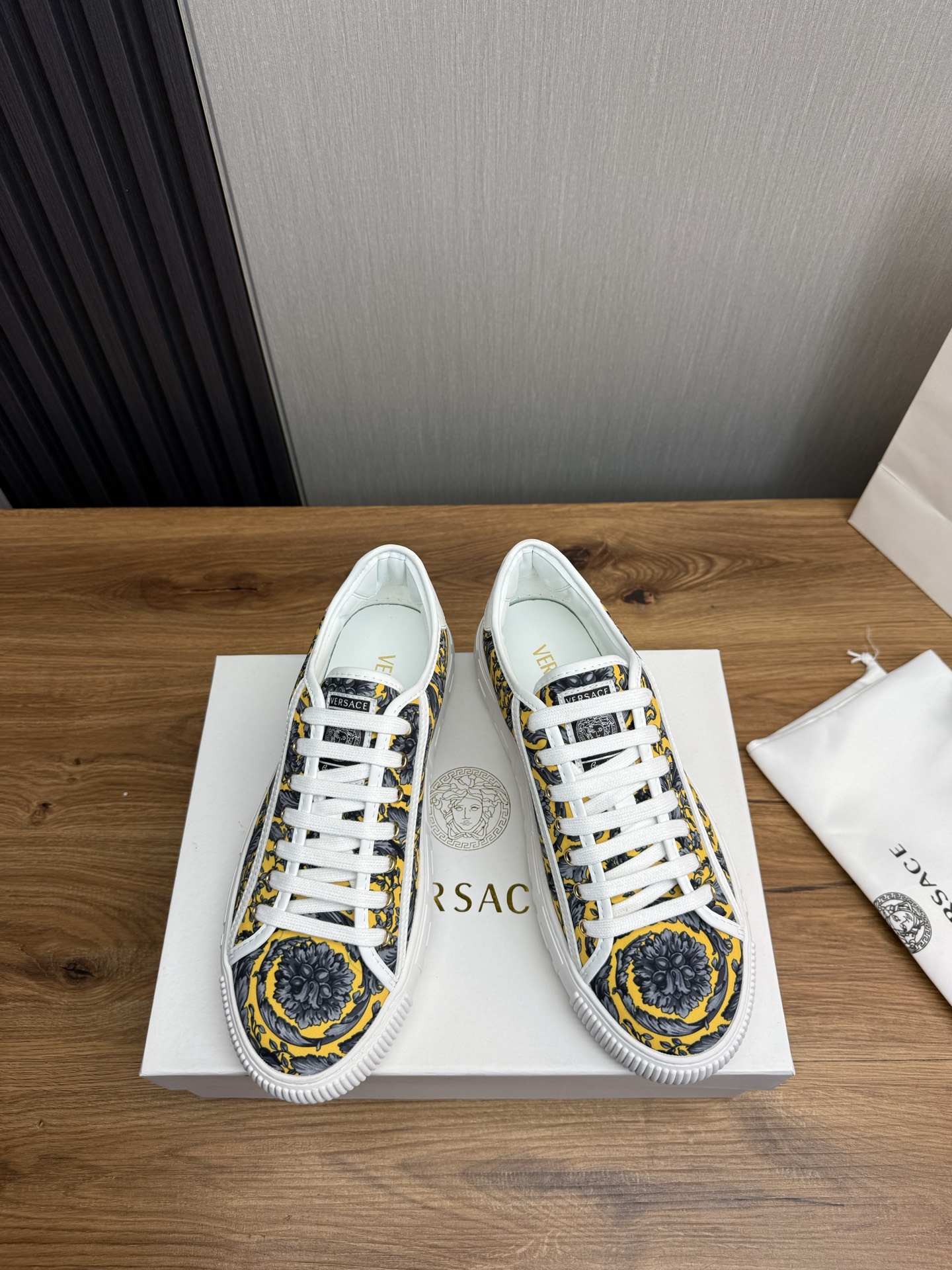 Versace Barocco Print Leather Sneakers Yellow