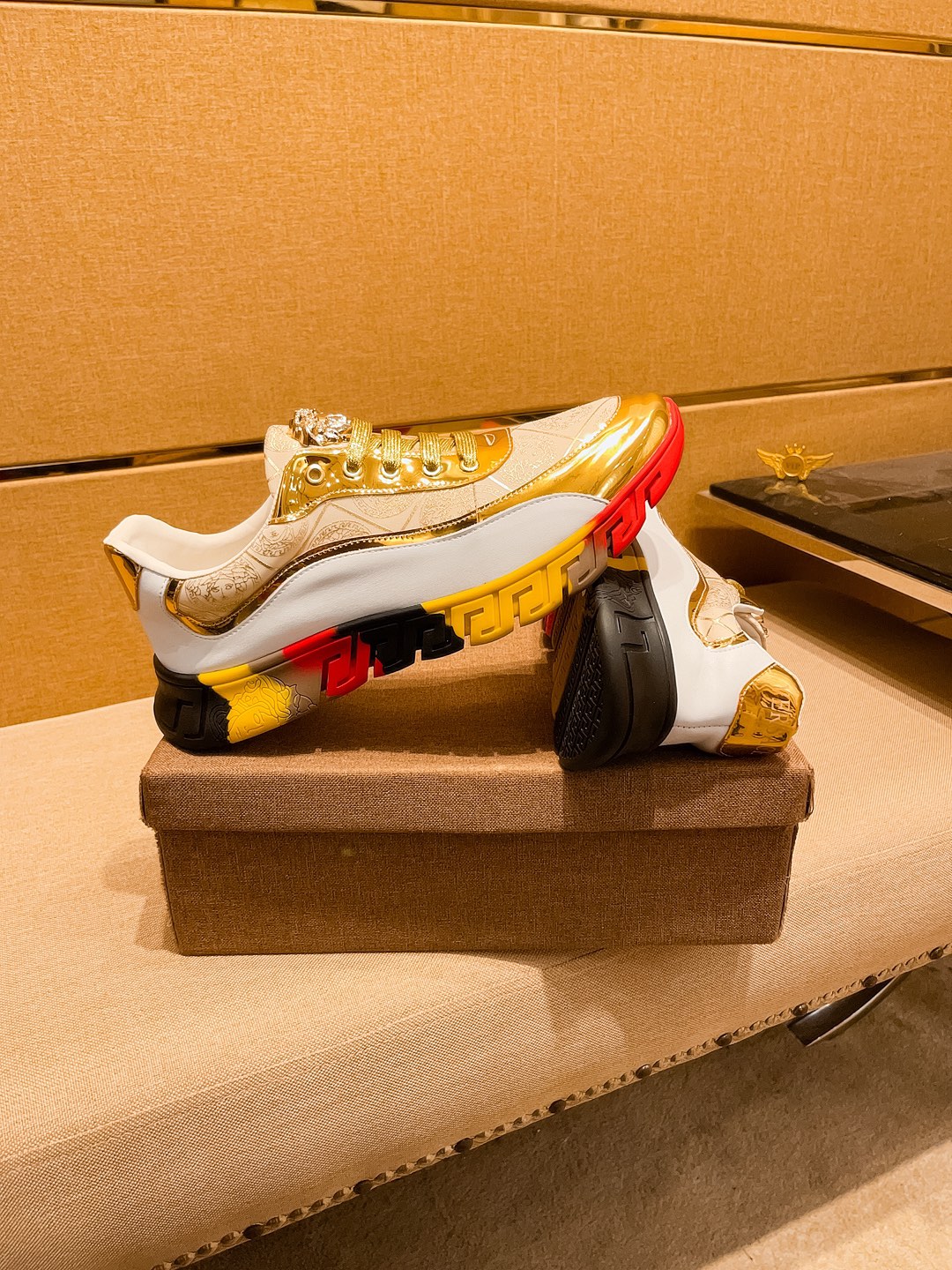 Versace Leather Runner Sneakers White Gold Multicolor
