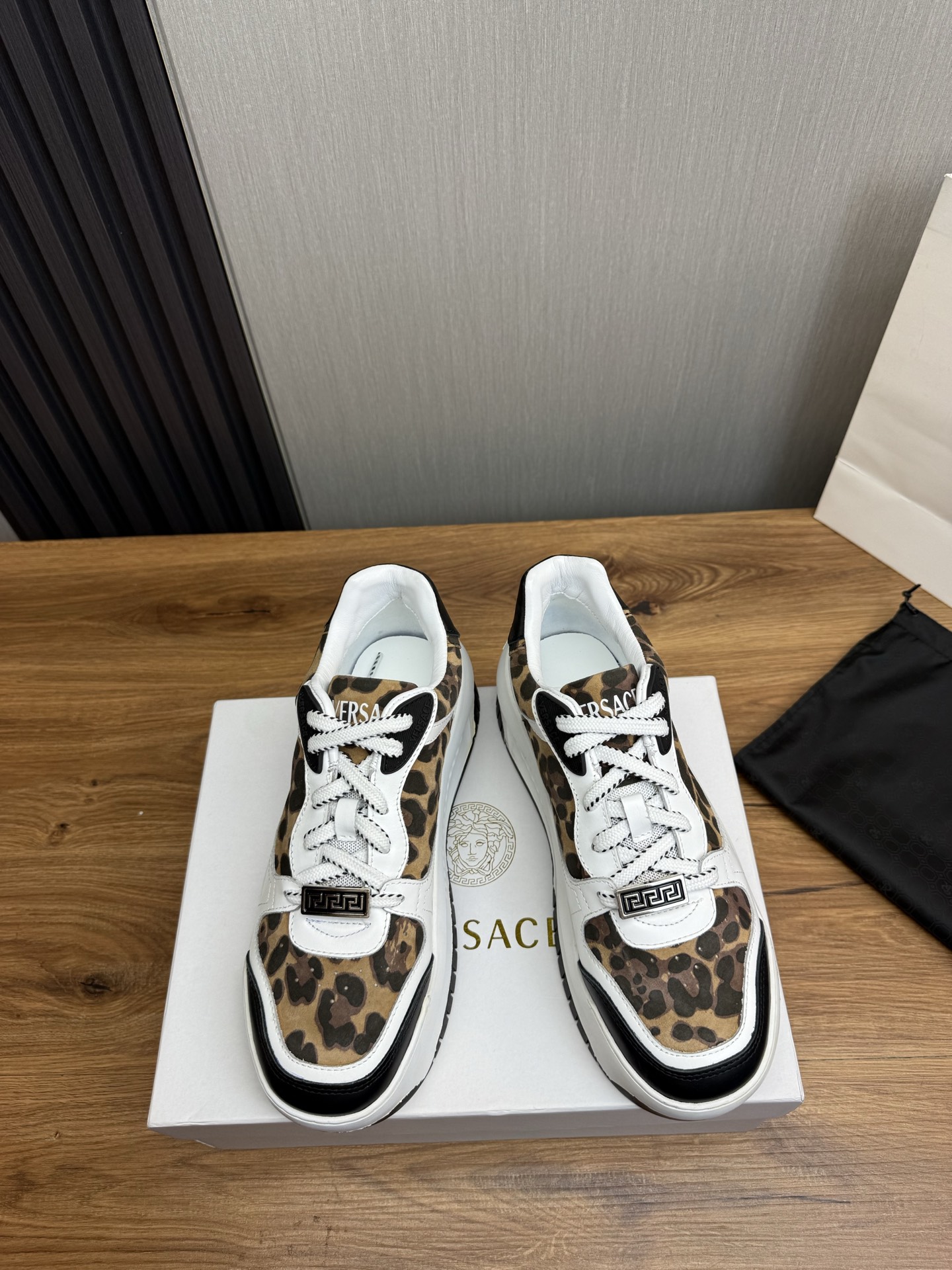 Versace Leather Casual Sneakers Leopard Brown