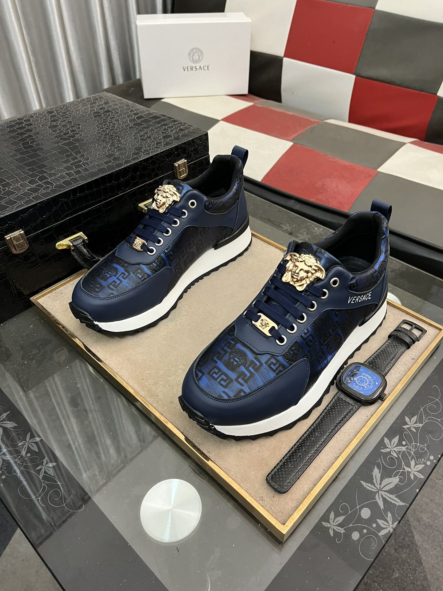 Versace Medusa Leather Sneakers Navy