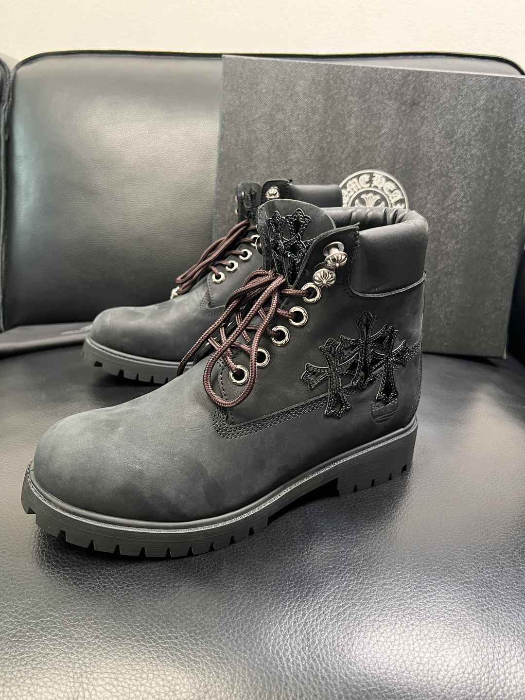 Chrome Heart Cross Patch Leather Boots Black
