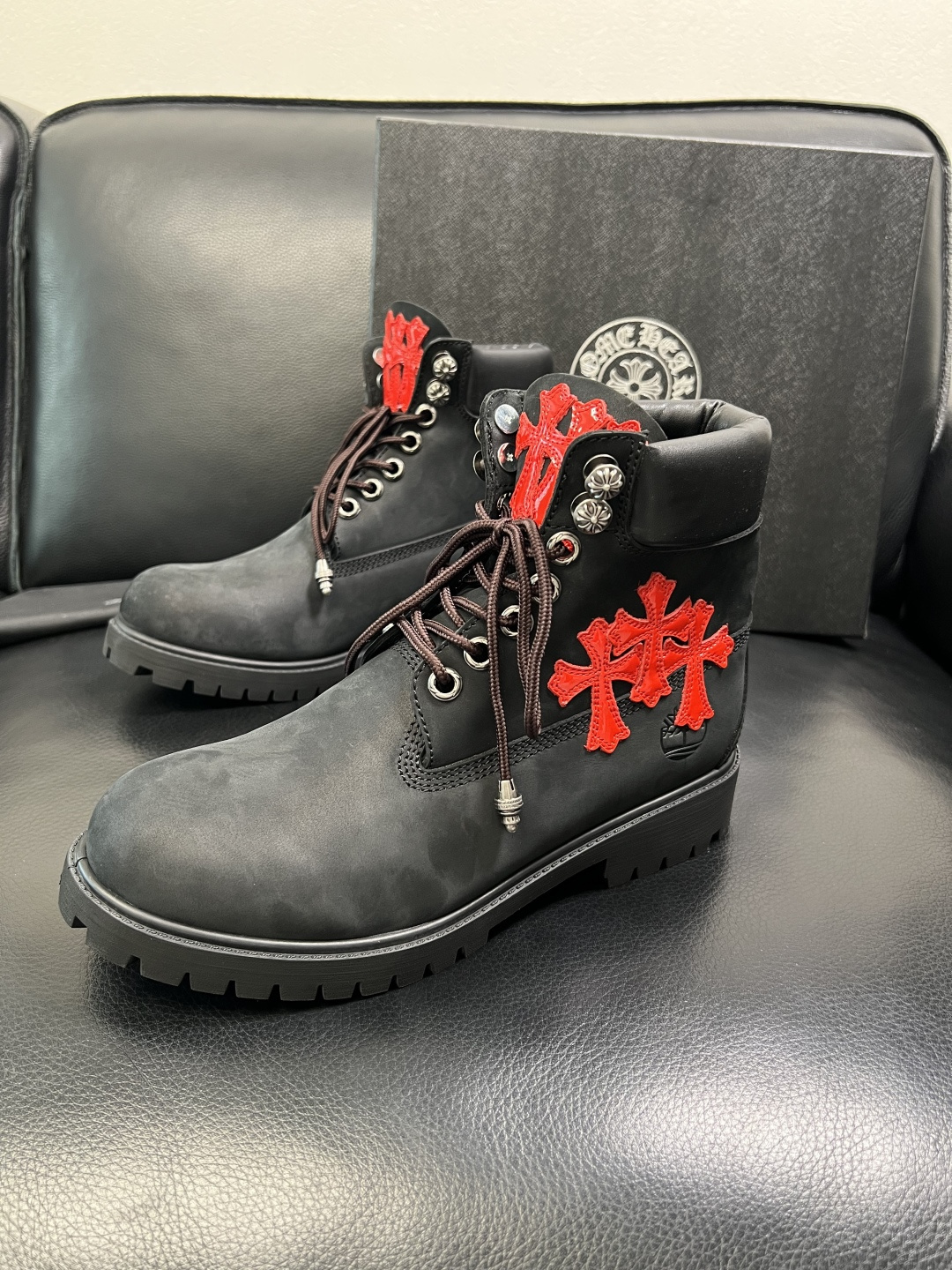 Chrome Heart Cross Patch Leather Boots Black/Red