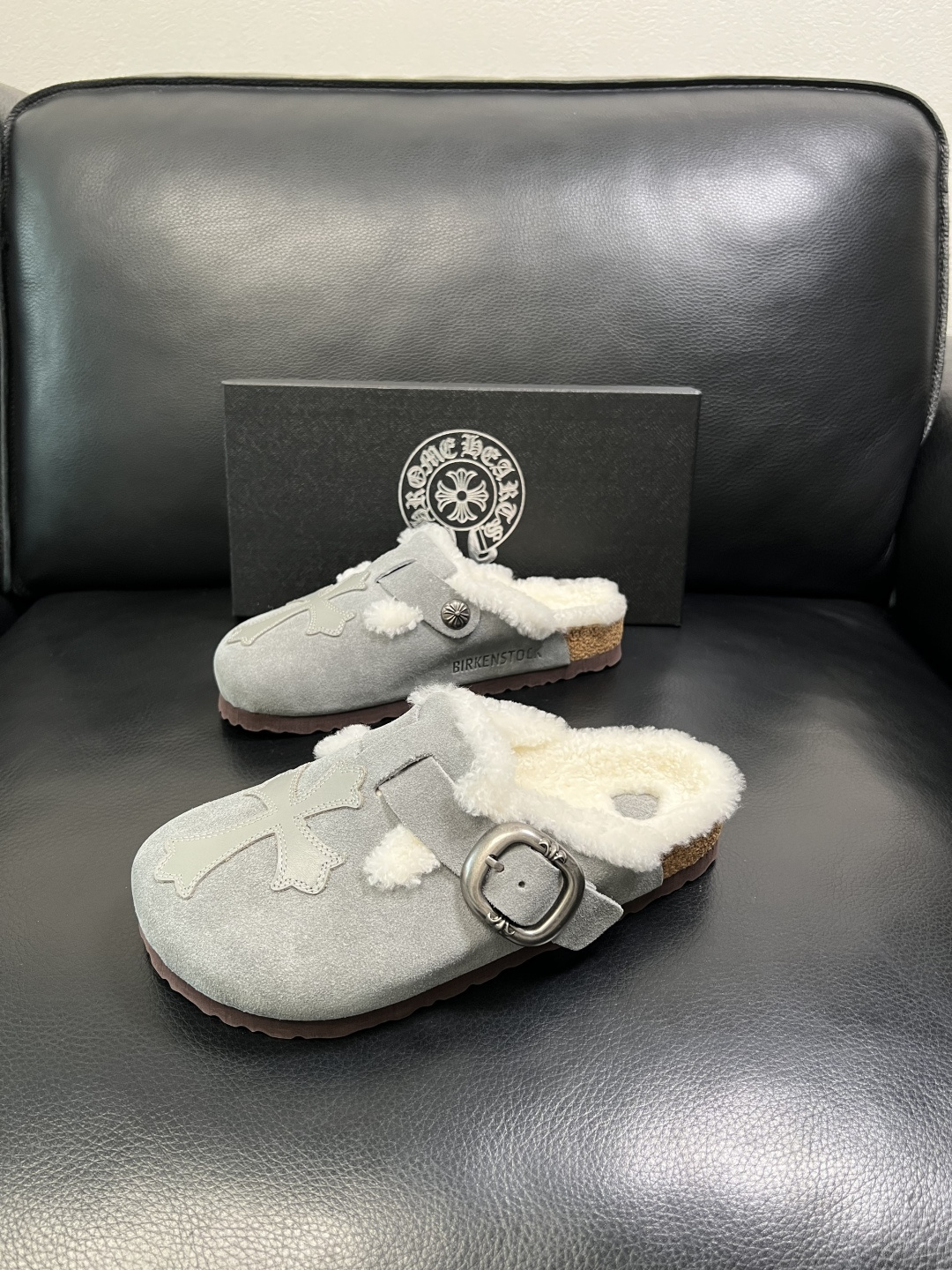 Chrome Heart Shearling-Lined Suede Clogs Gray