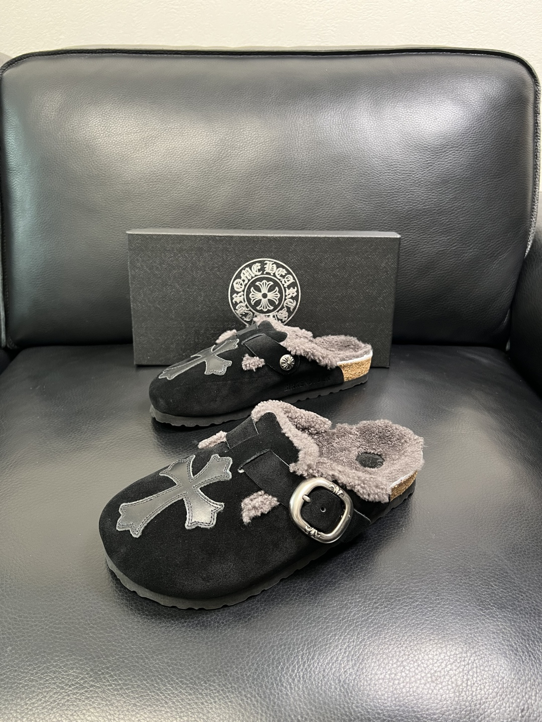 Chrome Heart Shearling Lined Suede Clogs Black