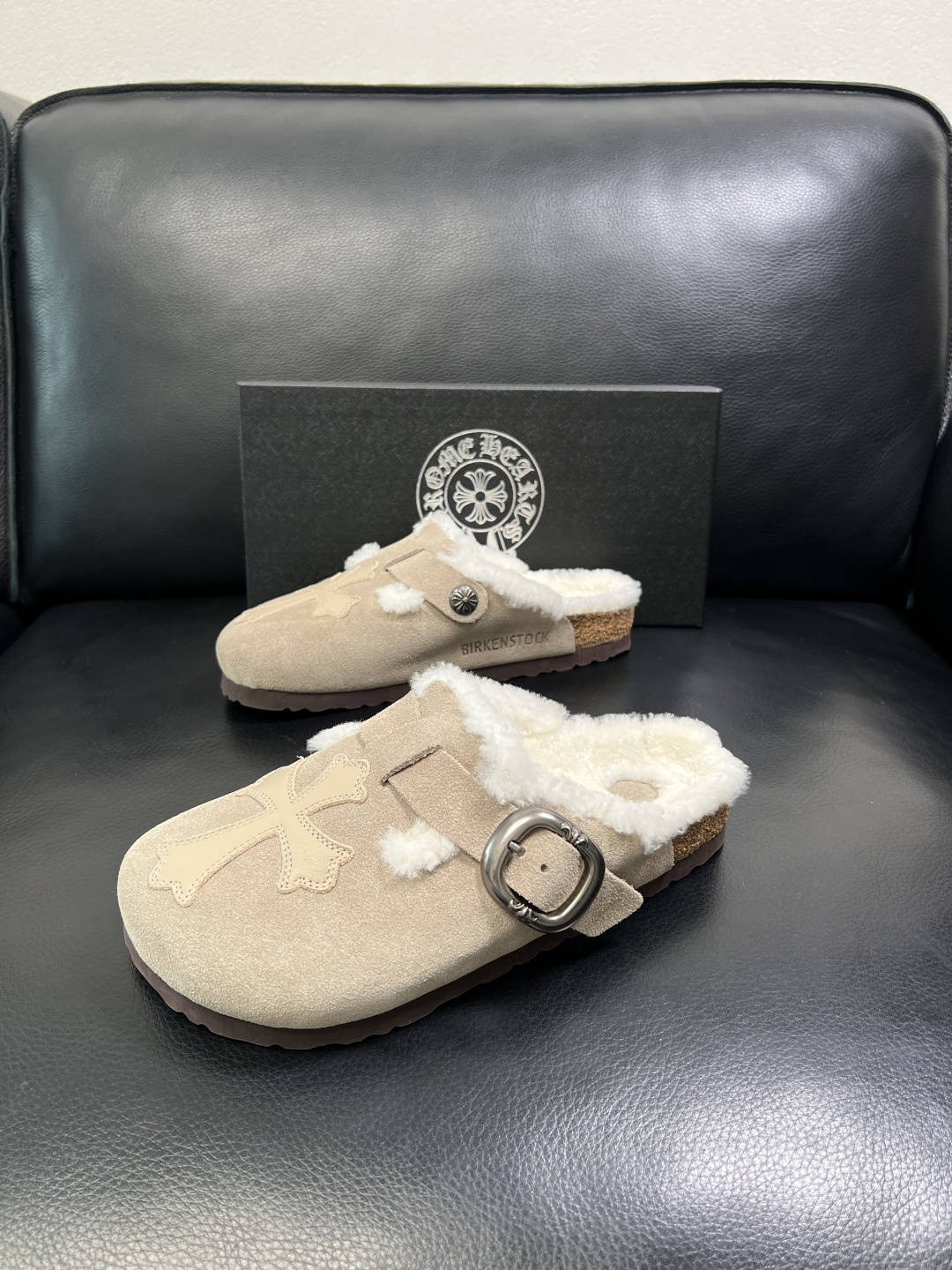 Chrome Heart Shearling Suede Clogs Beige