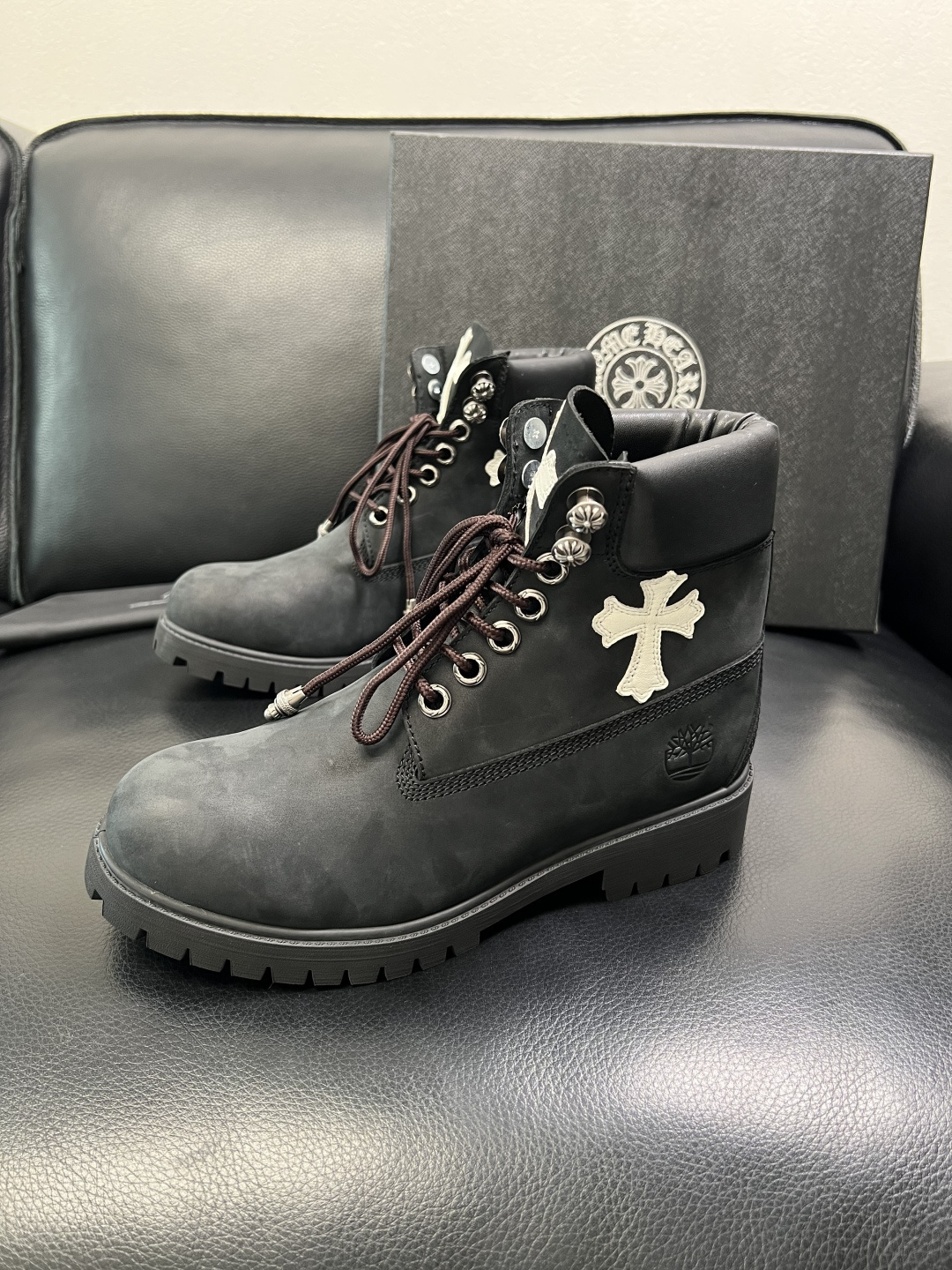 Chrome Heart Cross Leather Ankle Boots Black