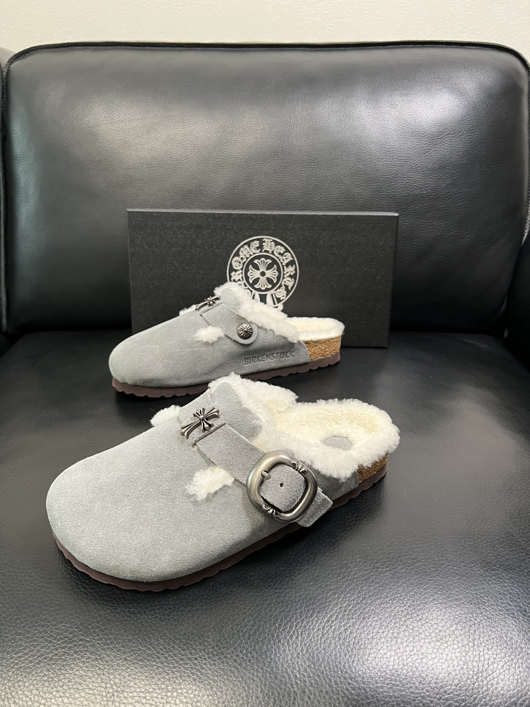 Chrome Heart Shearling Clogs Gray
