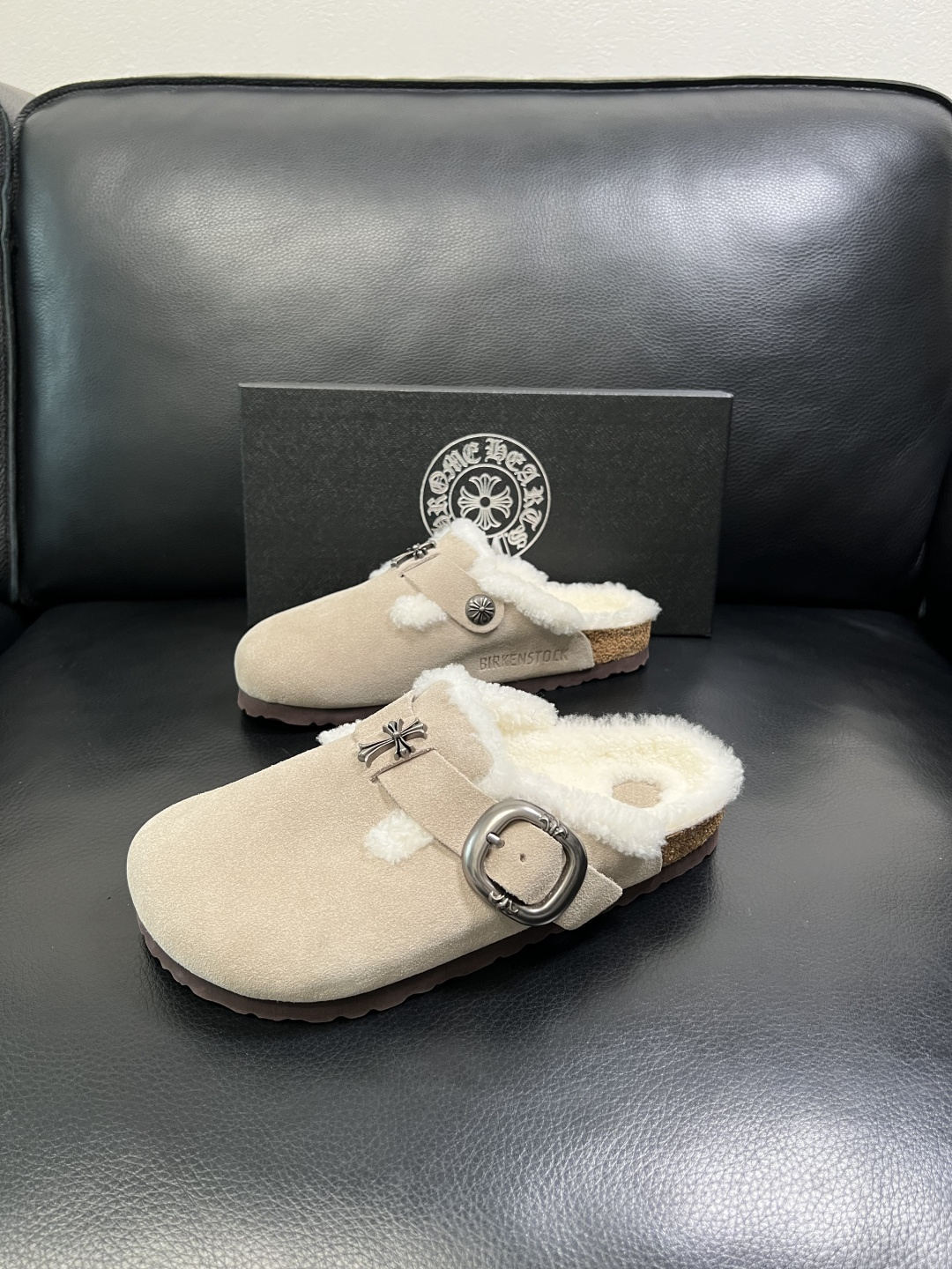Chrome Heart Shearling-Lined Suede Clogs Beige